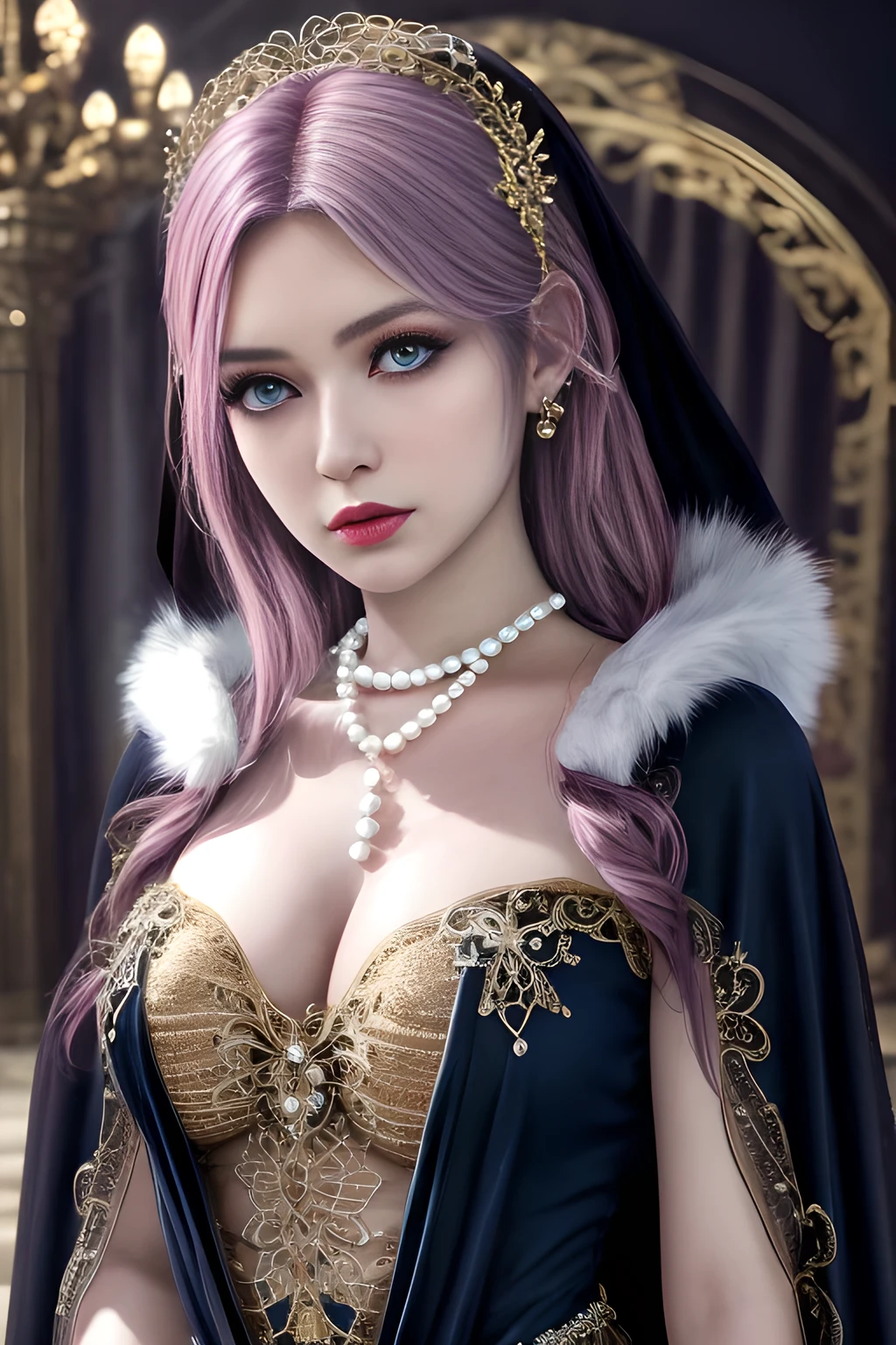1girl, ice-crystal embellished dress, unclothed body, jewel, lace cloak, fluffs, pearl bodychain, beautiful detailed eyes, beautiful detailed lips, extremely detailed eyes and face, long eyelashes, best quality, 4k, 8k, highres, masterpiece, ultra-detailed, realistic, photorealistic, photo-realistic, ethereal glow, regal elegance, intricate details, luxurious, otherworldly beauty, dark atmospheric background, supernatural aura, elise,
