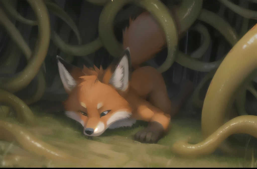 fox，No pants，Crawling on the ground，Being played with by tentacles，White, black and red