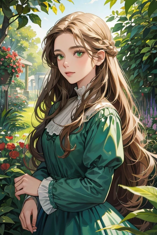 a digital painting of a woman with long brown wavy hair, green eyes, a young noble woman from the 1800's , soft features, navy blue dress, in a garden, portrait style