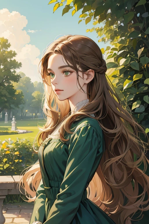 a digital painting of a woman with long brown wavy hair, green eyes, a young noble woman from the 1800's , soft features, navy blue dress, in a garden, portrait style