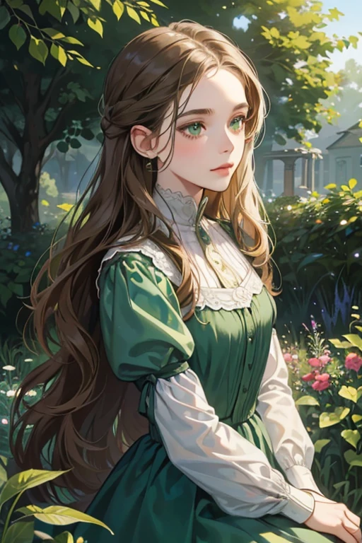 a digital painting of a woman with long brown wavy hair, green eyes, a young noble woman from the 1800's , soft features, navy blue dress, in a garden, portrait style
