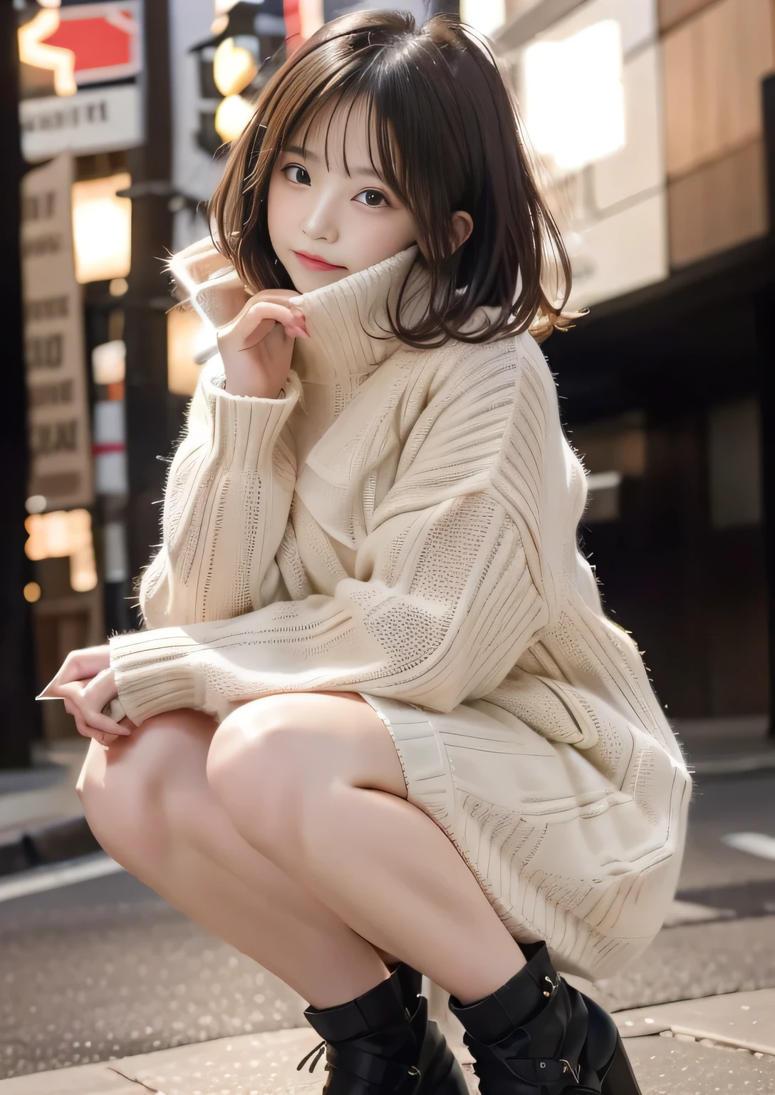 Photos taken by a professional photographer,Close-up of a woman squatting on the sidewalk with her legs crossed, Kiko Mizuhara, Wear a sweater, Shirahime cuts her brown hair, Wear a sweater, Young and pretty girl, Japanese Model, 白いWear a sweater, Chiho, Random color casual wear a sweater,Cute eyed waves for short hair, a Cute young woman, Cute young woman, Black Pantyhose,black tights,Black high heels,