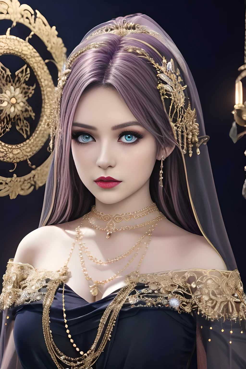 1girl, ice-crystal embellished dress, unclothed body, jewel, lace cloak, fluffs, pearl bodychain, beautiful detailed eyes, beautiful detailed lips, extremely detailed eyes and face, long eyelashes, best quality, 4k, 8k, highres, masterpiece, ultra-detailed, realistic, photorealistic, photo-realistic, ethereal glow, regal elegance, intricate details, luxurious, otherworldly beauty, dark atmospheric background, supernatural aura, elise,