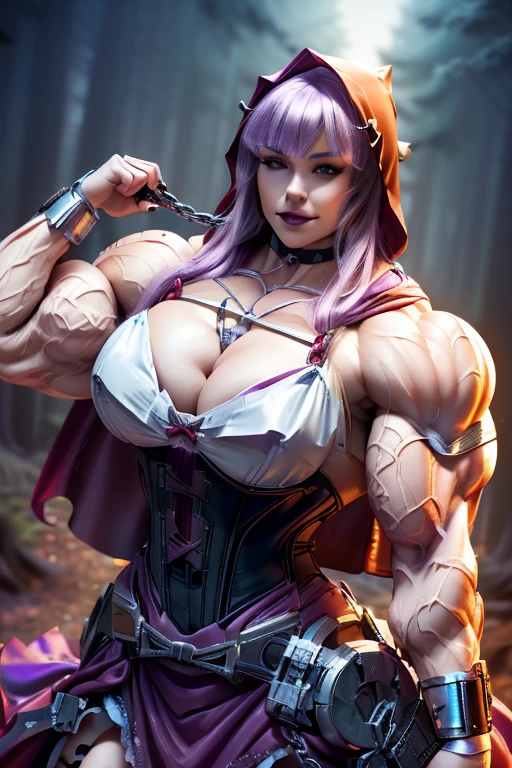 (((Massive, beautiful, pale white skinned, buff, muscular woman with violet purple hair, black lipstick, ginormous bulky muscles and wearing a mechanized red riding hood cosplay with a beautiful long skirt))), {close view}, massive muscles, massive biceps, hyper muscle shoulders, vascular shoulders, hyper muscle triceps, (long hair with long bangs), black eyes, red hood cosplay, corset, long beautiful skirt, chain belt, choker, thigh high heels, (in a forest), fingerless gloves, closed smile, night, hyper vascular arm, hyper muscles arms, hyper muscle legs, massive arms.