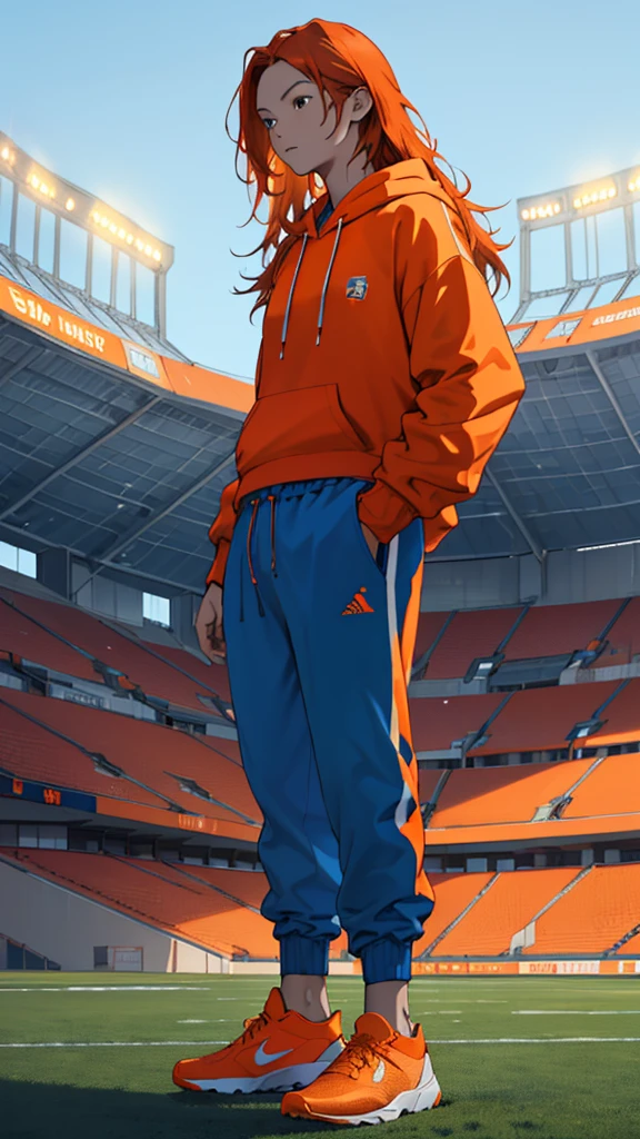 A beautiful woman with orange long hair, wearing a blue hoodie, blue jogger pants, and orange Nikes, standing on a football field in a stadium, masterpiece, textured skin, super detailed, high quality, best quality, HD, 16k