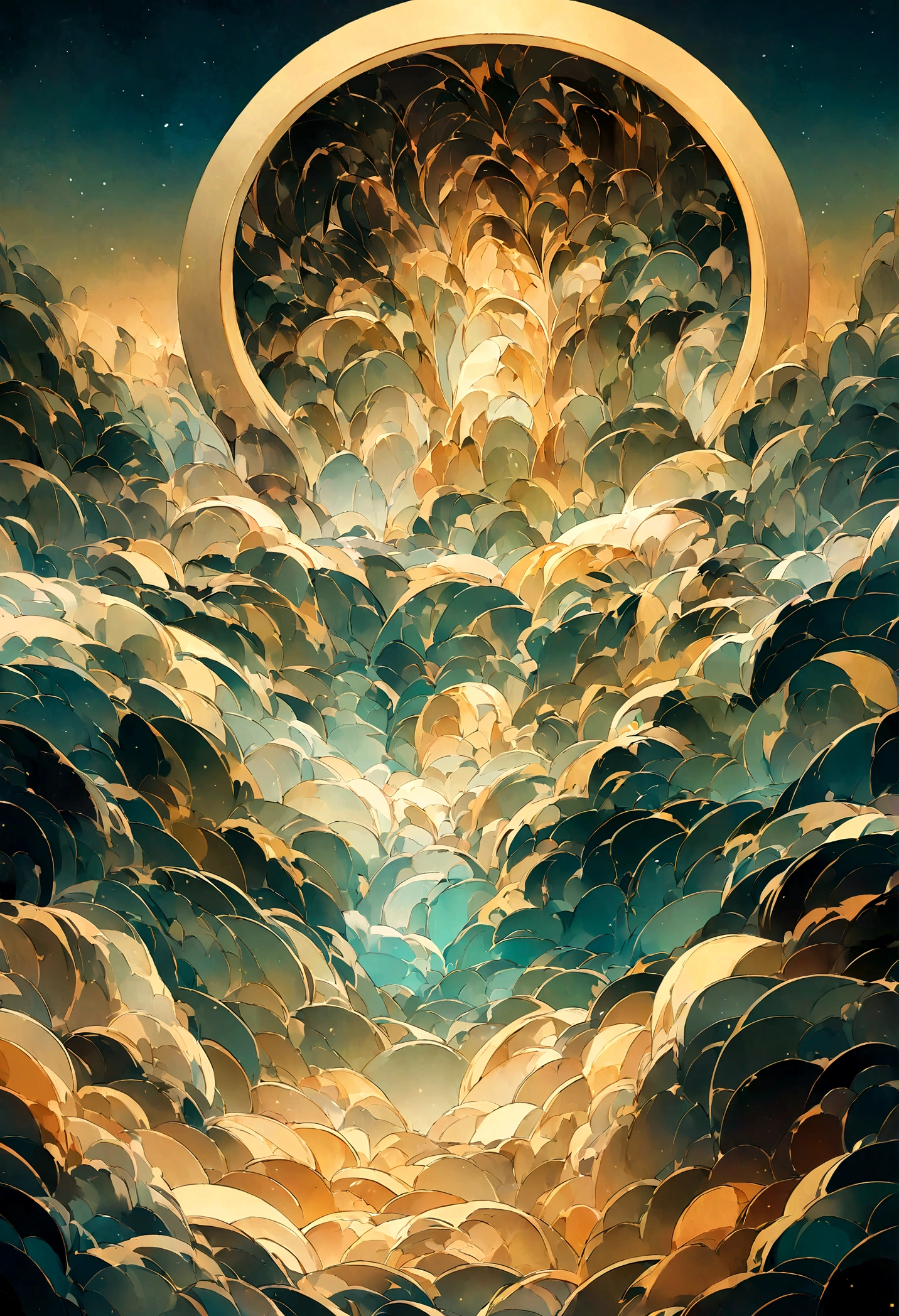 High resolution abstract background image with gradient effect，From warm tones like pale and gold to cool tones like dark green and aqua，The arc of the mountain