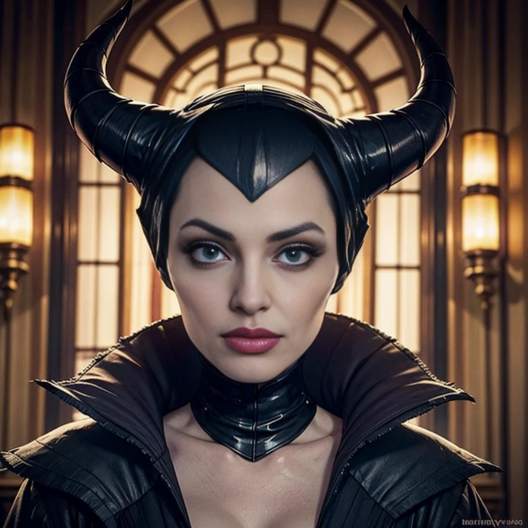 Masterpiece, best quality, detailed face, perfect eyes, Maleficent, pale skin, green eyes, black cowl, demon horns, throne behind her, looking at viewer, Sitting on a dark Throne chair. Behind her. In a dark throne room