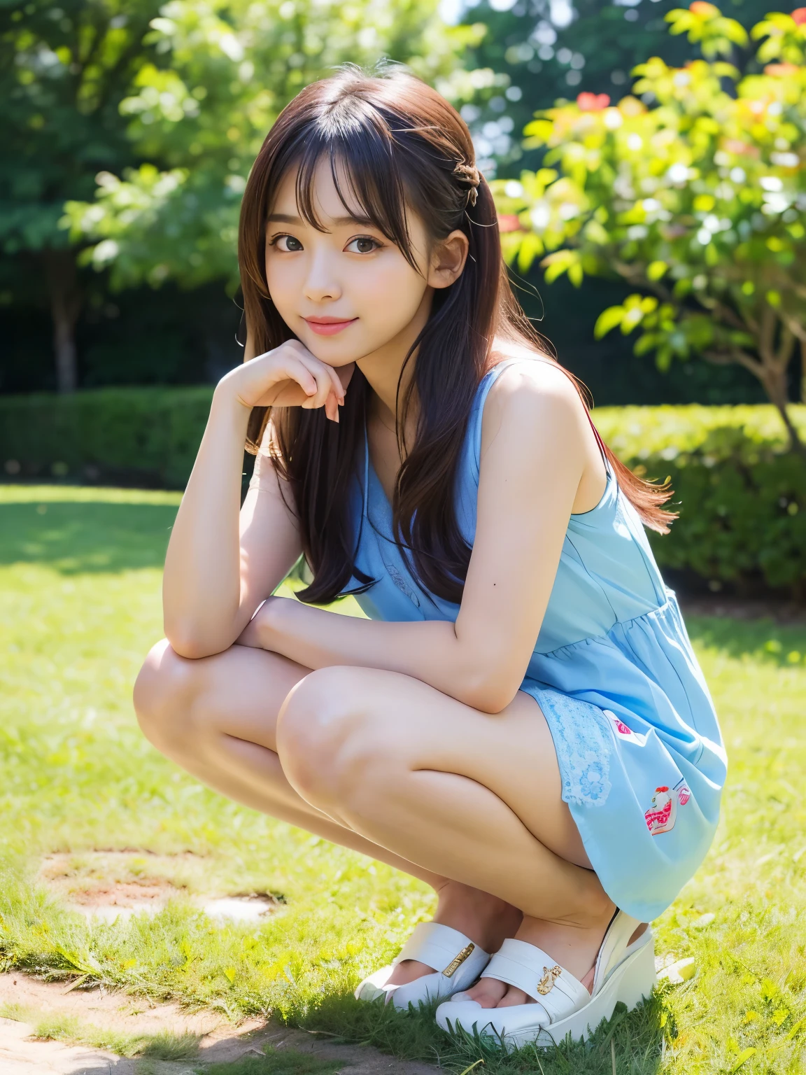 (Best-quality, Masterpiece, Ultra-High-Resolution, (Photorealistic:1.4), Raw Photo, depth of field, professional lighting, perfect anatomy, extremely details), ((front-view, from-below)), 1girl, 15-years-old, the most famous Japanese idol, Sunny day, afternoon, In summer park, (squatting on grass), ((wearing casual-dress with cute-design over luxurious underwear with luxurious-patterned)), (extremely cute face like the most popular Japanese idol, (extremely cute and extremely big eyes), extremely beautiful realistic-skins), extremely beautiful hair, extremely cute long-eyelashes, extremely cute lips, extremely beautiful inner-thighs, extremely beautiful knees, looking at viewer, innocent smile