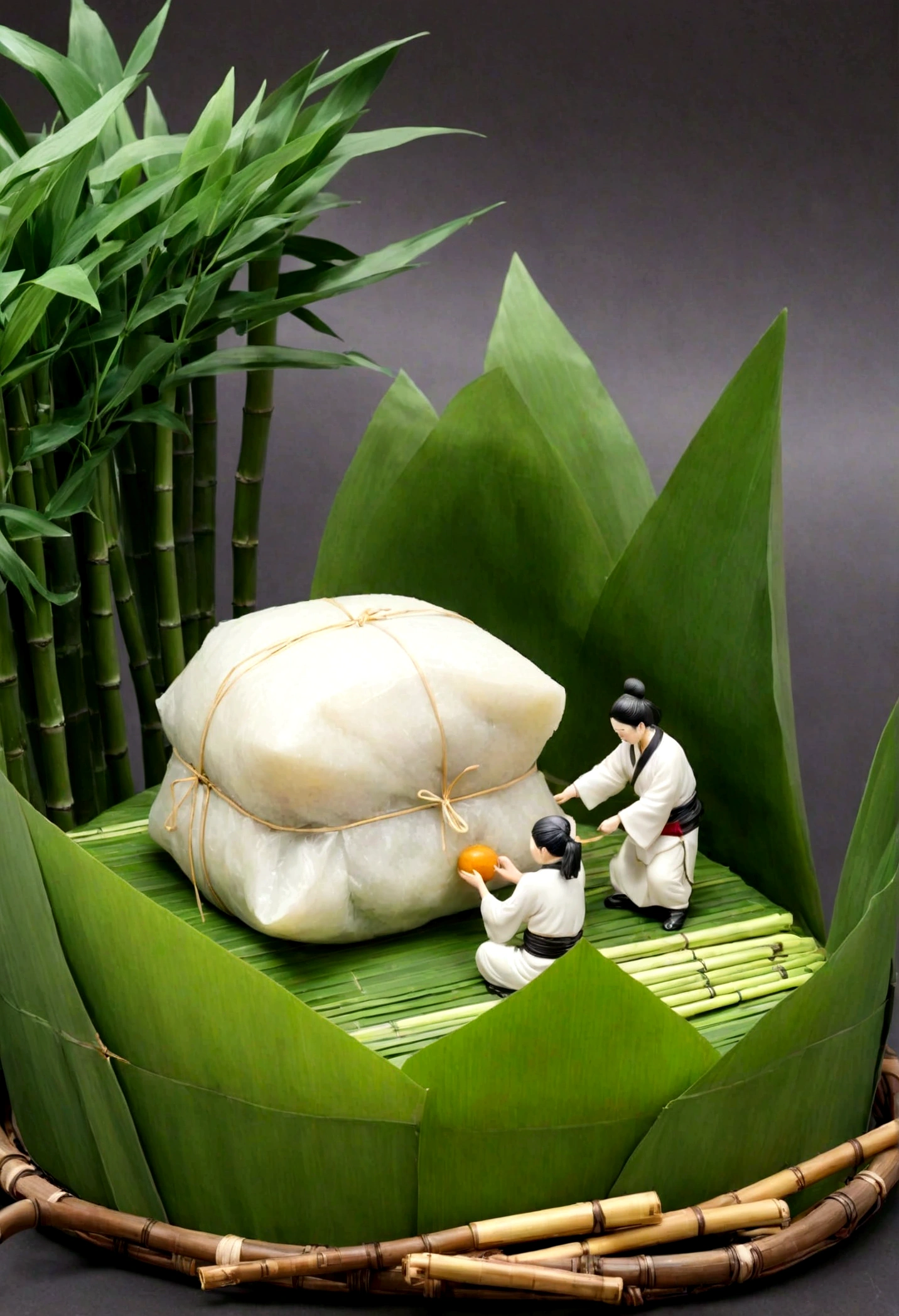 A miniature scene，China&#39;s，A group of people，Wrapping giant rice dumplings with bamboo leaves，Incredibly creative，Tatsuya Tanaka style