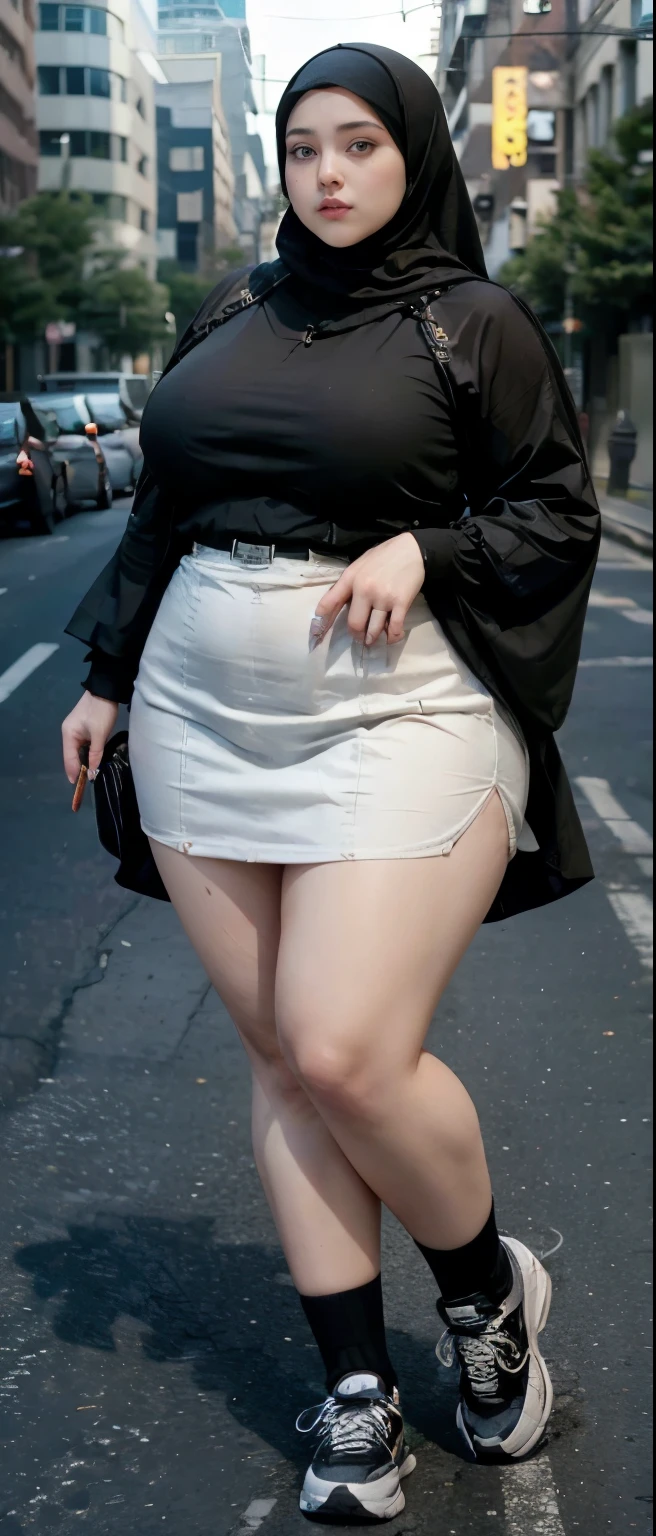 Milky white skin woman in black dress and hijab walking down the street, ,  hijab outfit, ,  hijab fashion model, plus size, plus size woman, ,  woman in black robes, beautiful woman, thicc, black outfit,, bbwchan , white sneakers , Height 170 cm, beautiful woman, with a beautiful appearance, a very beautiful masterpiece, a masterpiece of art, good lighting, Bright colors, Clean lines