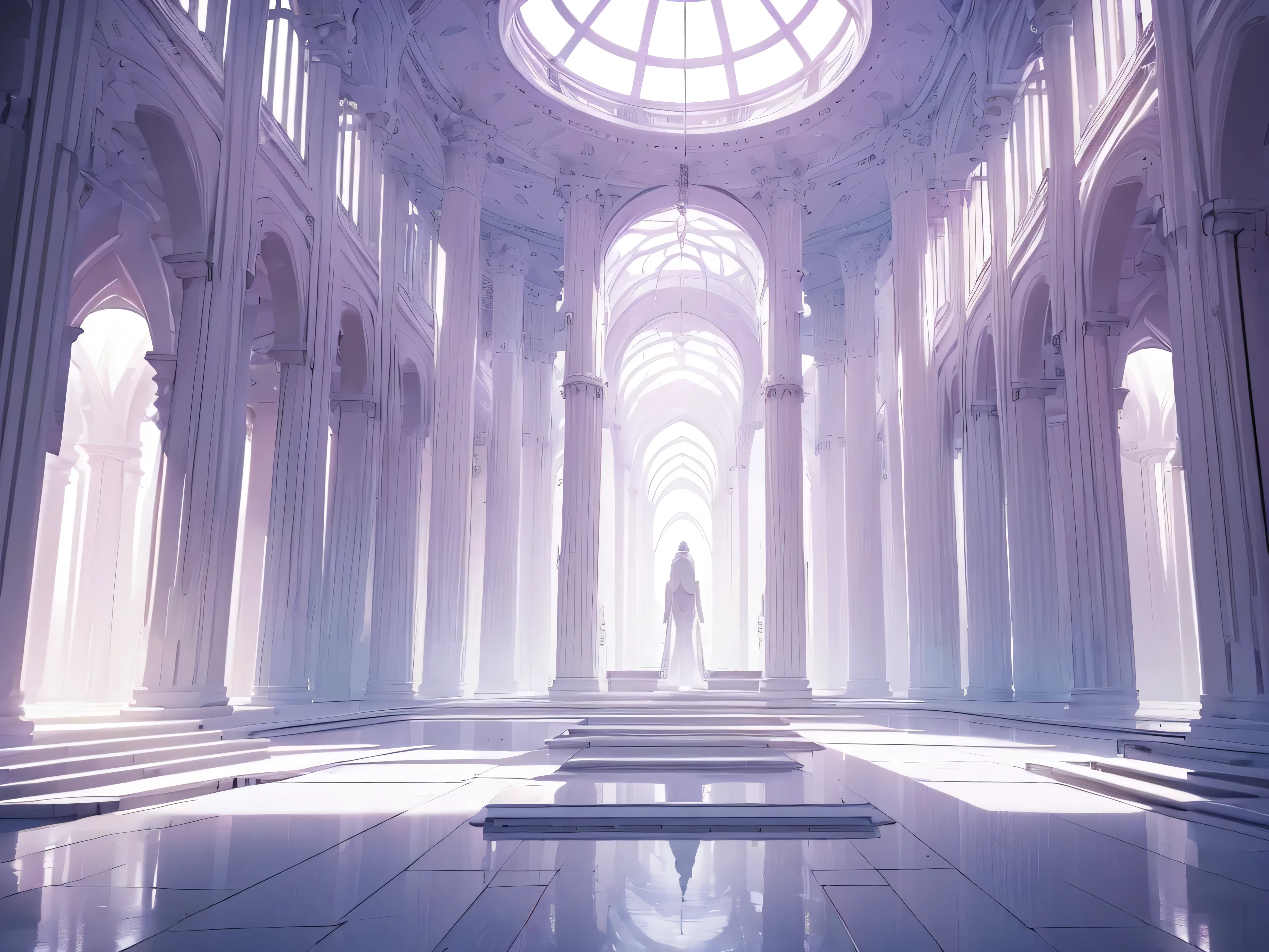 (Light purple-white tones,Shocking and magnificent uninhabited scenery,Silent white pillars),quiet,healing feeling,( Spacious and deserted place),white crystal architecture,(best quality,masterpiece,Extremely complex and exquisite details),Scenography