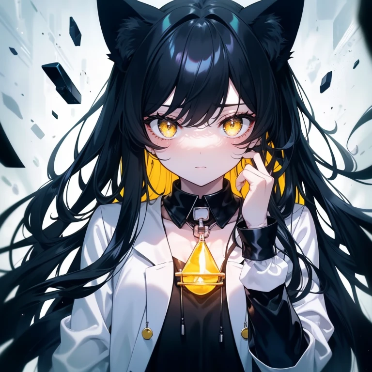 1 cat girl. Long black hair, with long bangs. Yellow cat-eyes. Bell collar on her neck. Shy. Blushing. reserved. Chemist. White lab coat with a black sweater underneath. doing experiments. blue gloves.