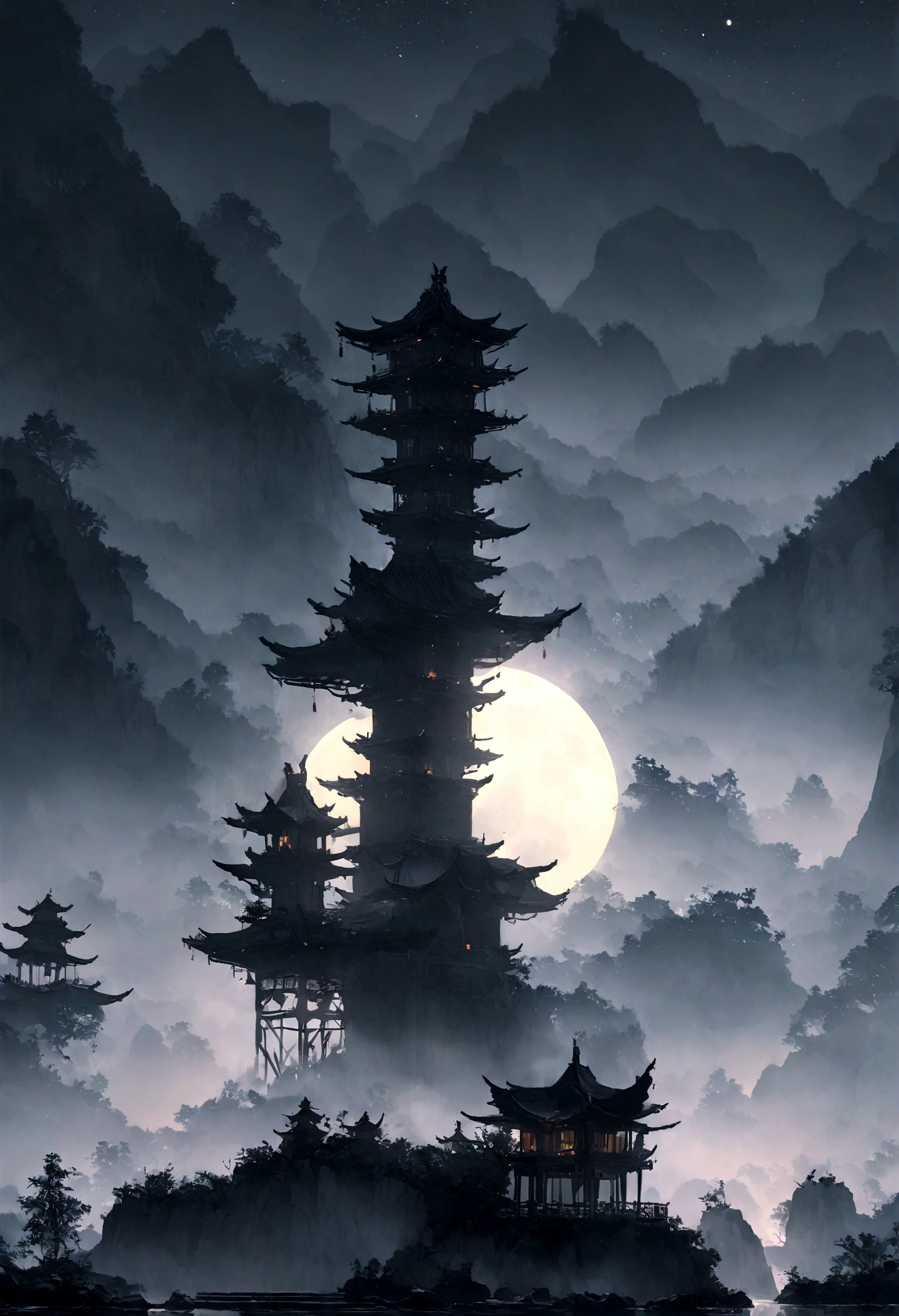 (masterpiece,Real photos,The structure is simple:1.5),night,Li River scenery,Foggy atmosphere,White full moon