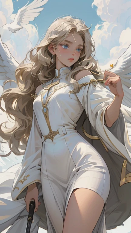 illustration，beautiful woman，hot，Raised sexy，Long curly hair，Perfect body，wear white dress，Highlight your figure，v collar，Wear silver earrings and necklace，beautiful female breasts beautiful，face clearing charm: dark background, A beam of light fell from the sky, magical wind, A young horn boy Raphael，There are six white angel wings and a shining halo made of stardust, Holding the sword of life, Fly calmly into the air, Long light blonde shiny straight hair, Skin as white as snow, Lake blue eyes, light eyebrows, Exquisite and beautiful face, divine light, Wearing a shiny white angel robe, in the morning mist, palace, fantasy, Find the view, bright, clean background trend, Rich details, high quality