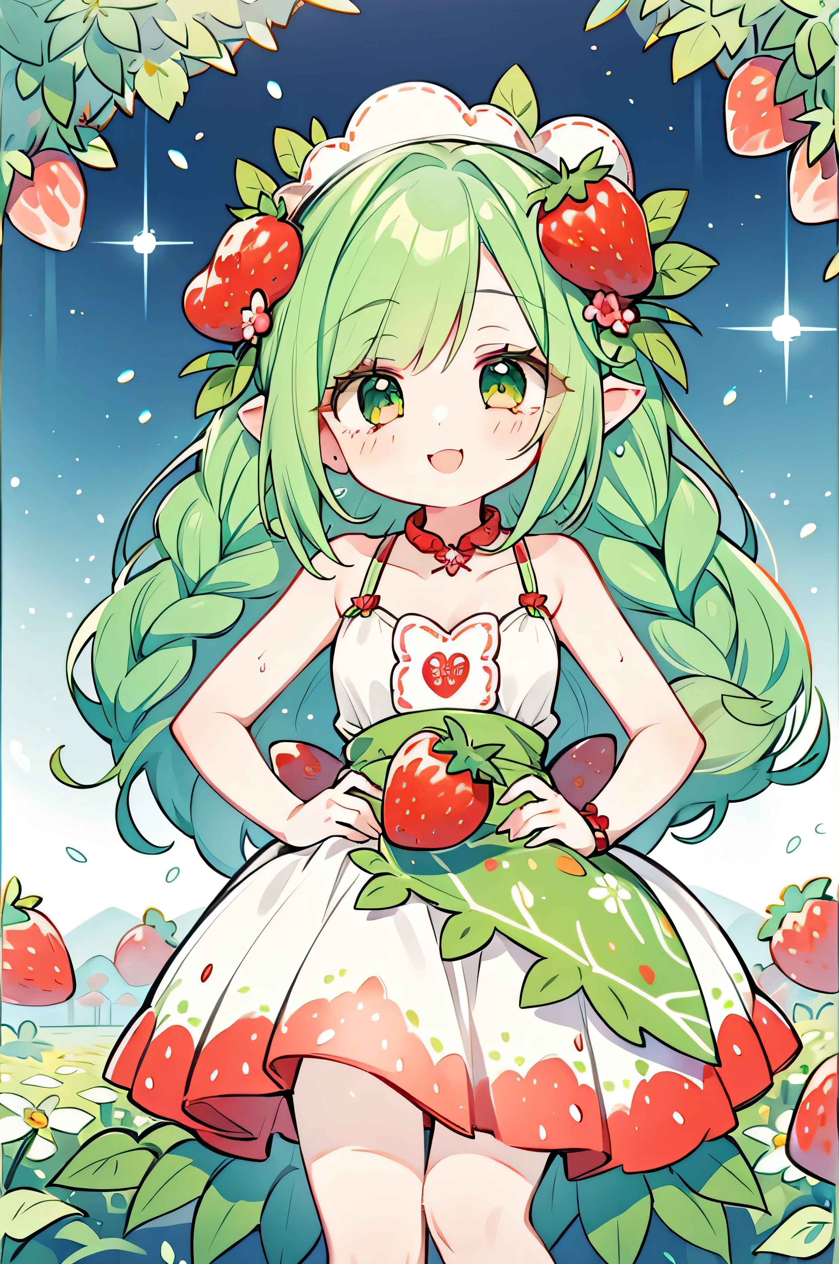 1girl, wearing a (rose print) dress, in a ((strawberry field)), happy and smiling, mythical world with giant fruit 🍓, foamy teal light muted color palette🎨, hands in hips, energetic, fashion dress, fruits, long hair in braids, foam green hair