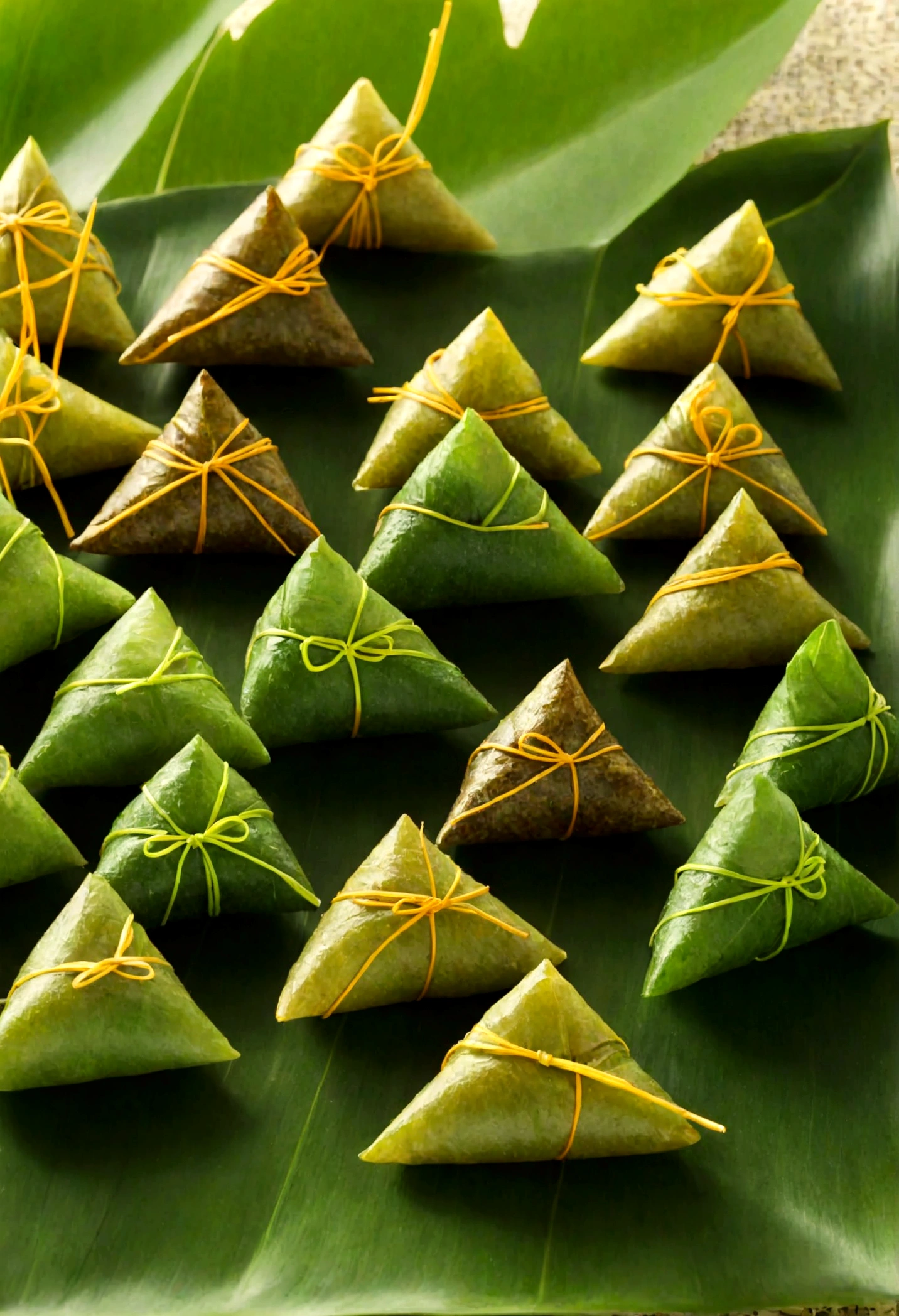 a lot of tiny little people are around triangle food made by steaming glutinous rice, wrapped leaves in the style of, traditional Chinese landscape festive, atmosphere, green and bronze focus stacking symbolic props, leaf patterns, Bright background Sun light, Macro Shot Angle, medium to long range 