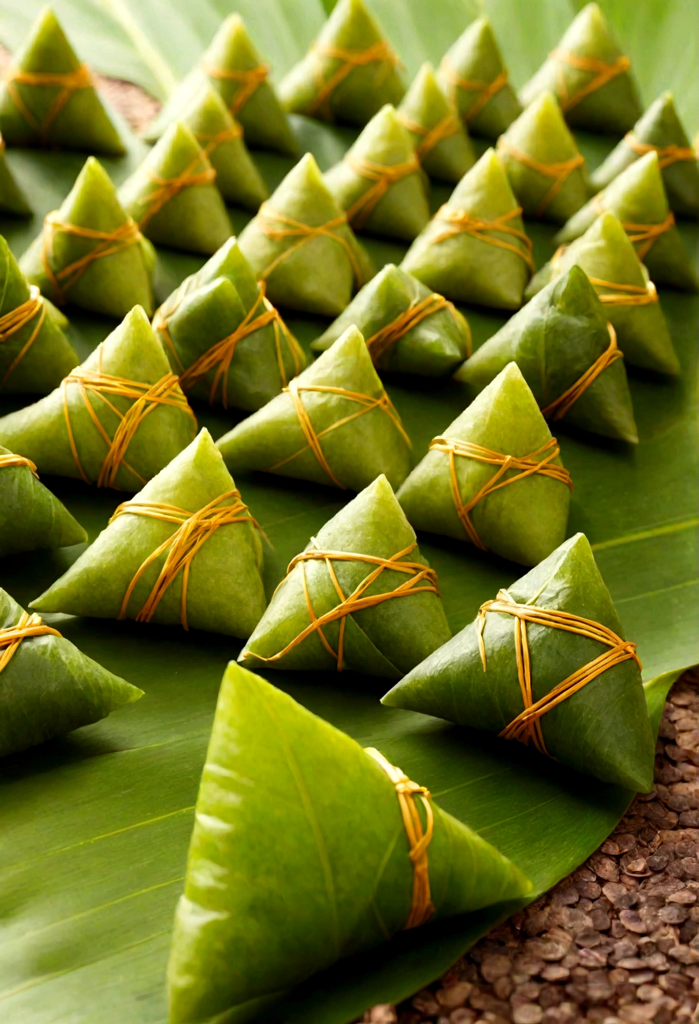 a lot of tiny little people are around triangle food made by steaming glutinous rice, wrapped leaves in the style of, traditional Chinese landscape festive, atmosphere, green and bronze focus stacking symbolic props, leaf patterns, Bright background Sun light, Macro Shot Angle, medium to long range 