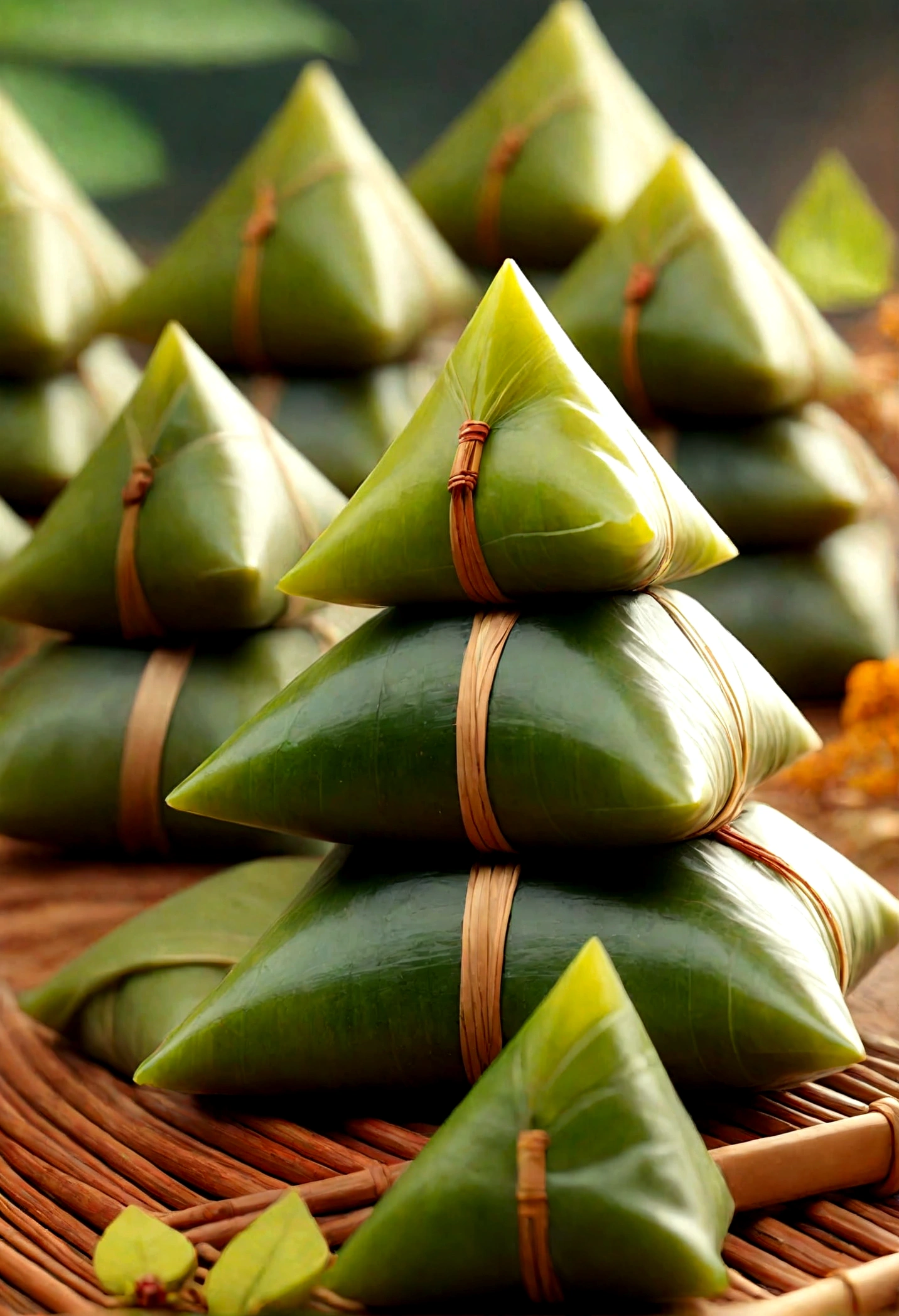 a lot of tiny little people are around triangle food made by steaming glutinous rice, wrapped leaves in the style of, traditional Chinese landscape festive, atmosphere, green and bronze focus stacking symbolic props, leaf patterns, Bright background Sun light, Macro Shot Angle, medium to long range