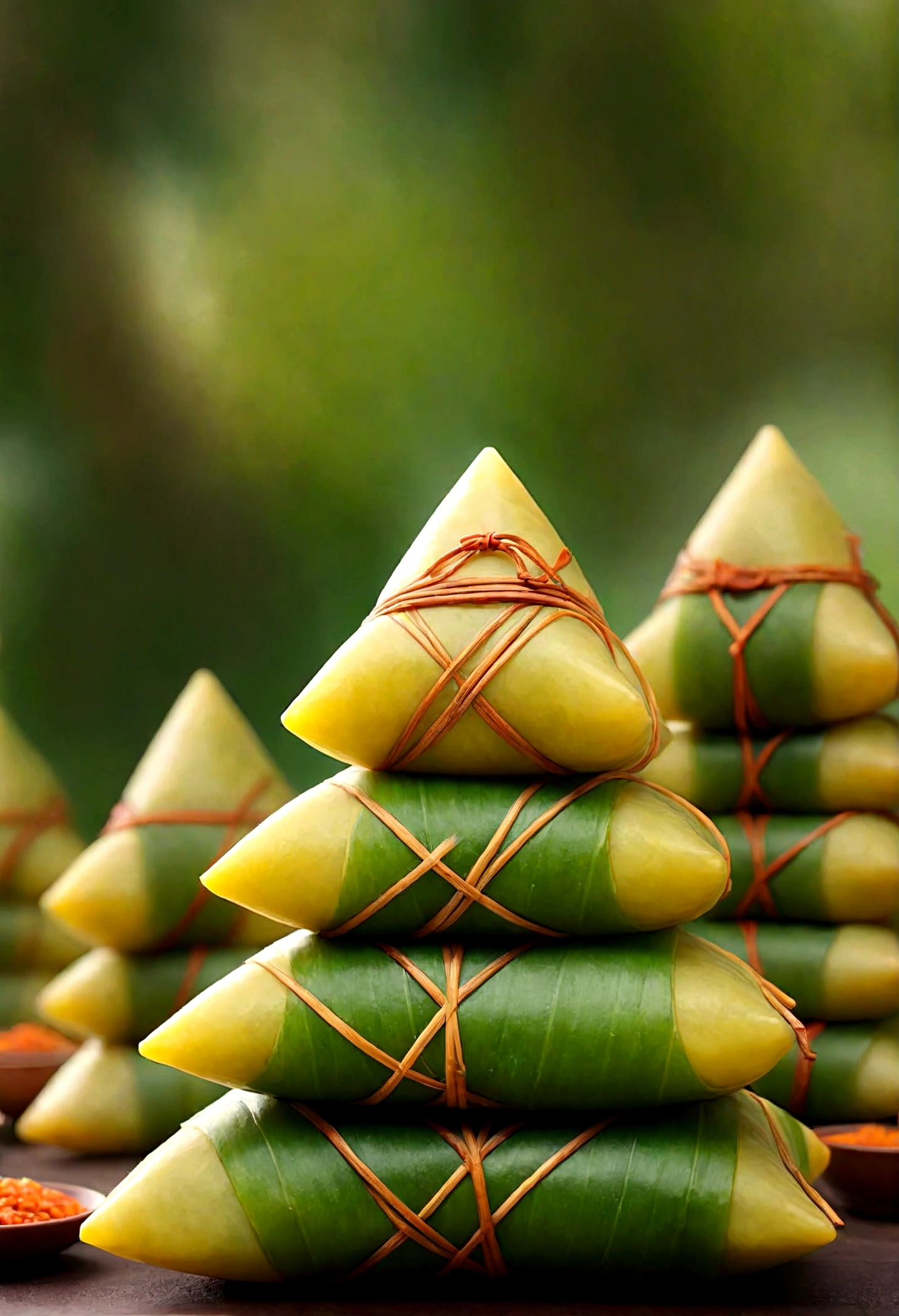 a lot of tiny little people are around triangle food made by steaming glutinous rice, wrapped leaves in the style of, traditional Chinese landscape festive, atmosphere, green and bronze focus stacking symbolic props, leaf patterns, Bright background Sun light, Macro Shot Angle, medium to long range