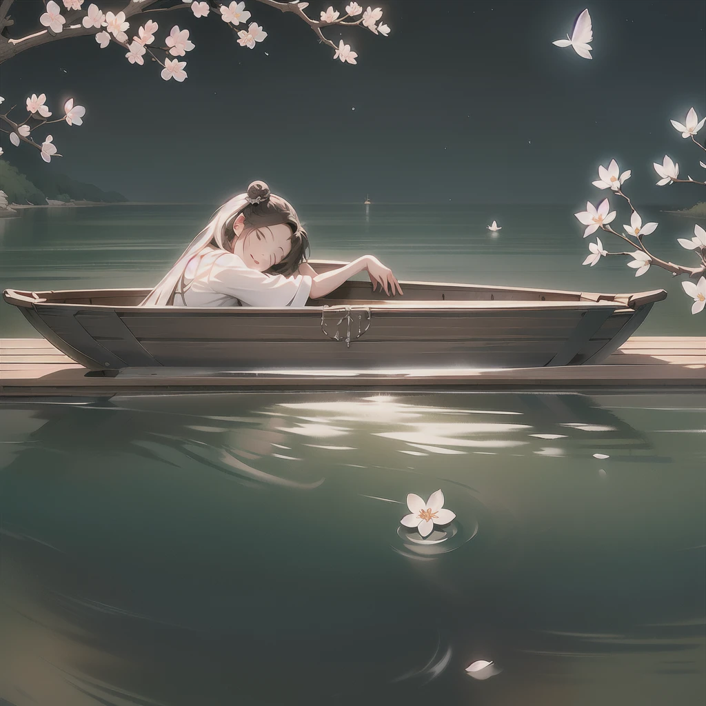 overlook,((((At night)))), Night, Starlight, Moonlight,on the water, ((((a girl lies in a wooden boat)))),(Night View)
\[(solo), (1 girl), lying, Lying in a wooden boat,Black hair, black eyes,seductive smile,Hanfu, white Hanfu,Single bun\],
(Cherry blossom:1.3), Wind blowing, (stream:1.2), reflection, Reflect light, ripple,(Unidirectional light:1.2), Light and shadow,
best quality, extremely detailed,masterpiece, finely detail,extremely detailed wallpaper, high resolution,(extremely detailed CG unity 8k wallpaper), (illustrations:1.3),