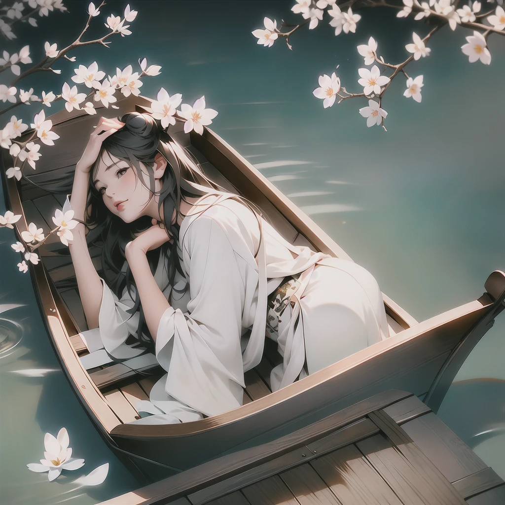 overlook,((((At night)))), Night, Starlight, Moonlight,on the water, ((((a girl lies in a wooden boat)))),(Night View)
\[(solo), (1 girl), lying, Lying in a wooden boat,Black hair, black eyes,seductive smile,Hanfu, white Hanfu,Single bun\],
(Cherry blossom:1.3), Wind blowing, (stream:1.2), reflection, Reflect light, ripple,(Unidirectional light:1.2), Light and shadow,
best quality, extremely detailed,masterpiece, finely detail,extremely detailed wallpaper, high resolution,(extremely detailed CG unity 8k wallpaper), (illustrations:1.3),
