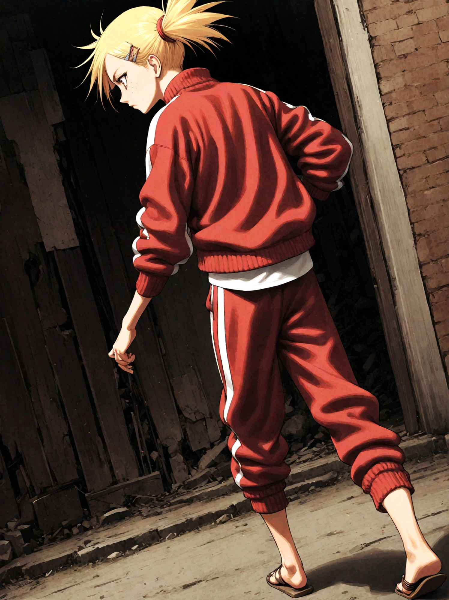 Bleach, hiyorisarugaki, solo, 1girl, blonde hair, red track jacket, twintails, freckles, hairclip, brown eyes, red track pants,sandals