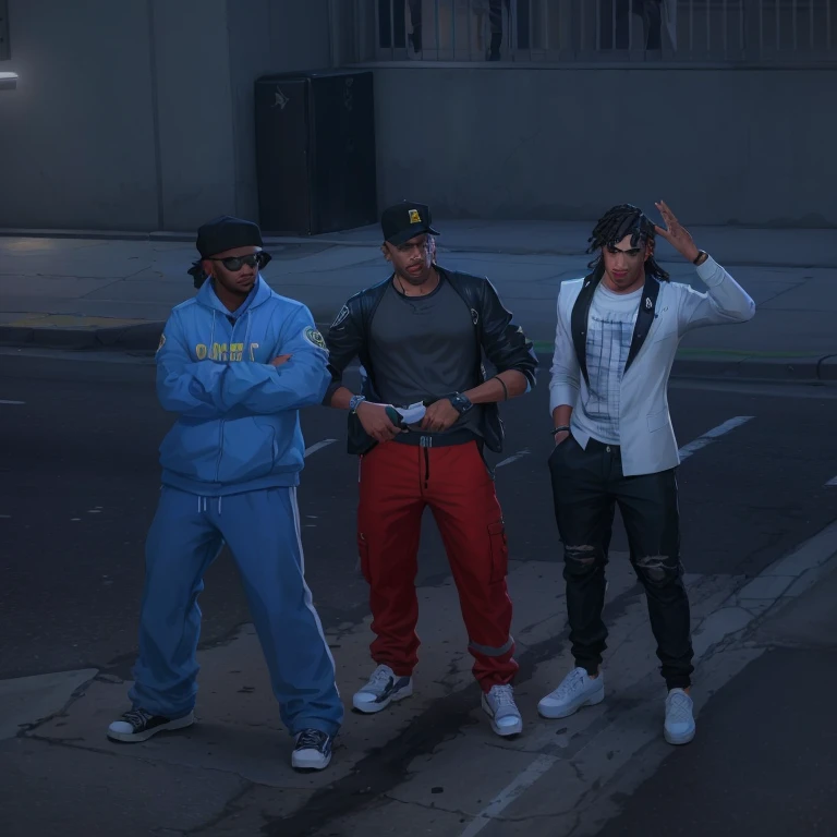 Three people standing on a street corner in a city, GTA V Streetstyle, Stil von GTA V, GTA5-Stil, Lots of NPCs on the streets, GTA-Charakter, GTA V-Charakter