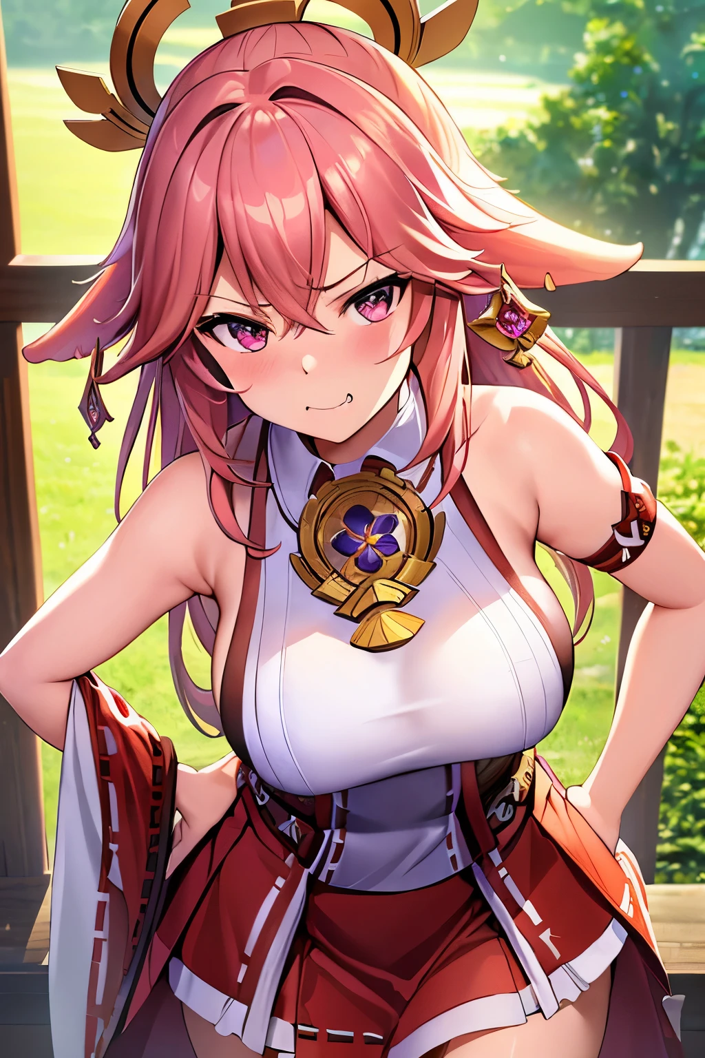 (masterpiece, best quality, ultra detailed, hyper realistic, photo),delicate pattern, detailed background, uncensored completely,
1yae miko, cowboy shot, japanese girl, class room,
, loose collar, skirt, looking over eyewear,
hair between eyes,
put up index finger and one hand on hip, angry with puffed cheeks,
from above, leaning forward,