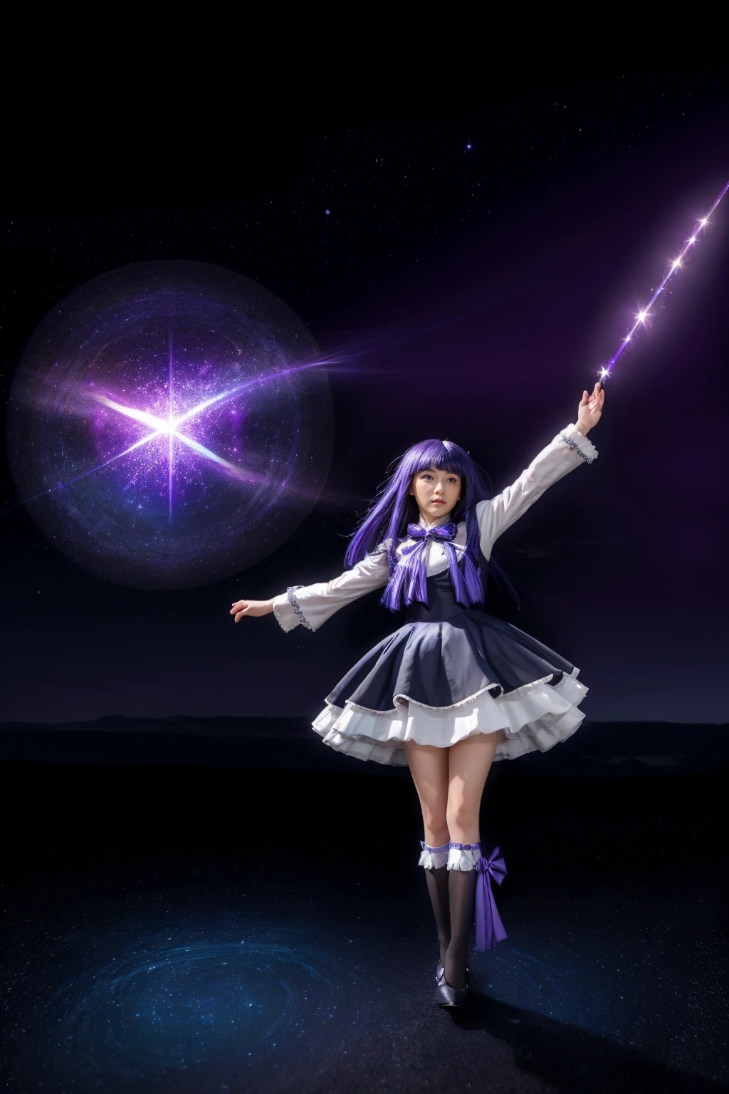 masterpiece,best quality,1girl,frederica bernkastel,purple hair,cat tail,tail bow,purple eyes,tail ornament,dress,bowtie,socks,expressionless,outstretched arms,outer space,surrounded by floating crystal,cowboy shot,