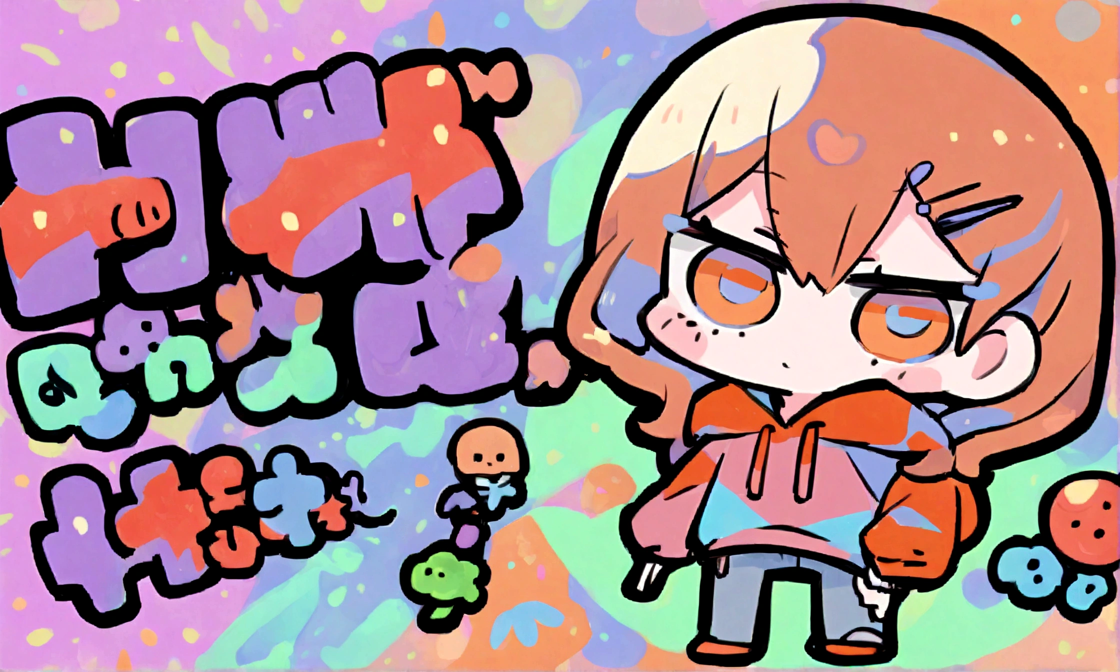 a cute chibi style female with reddish orange hair, wearing a hoodie and jeans, the words "Siimbah" in the backround
