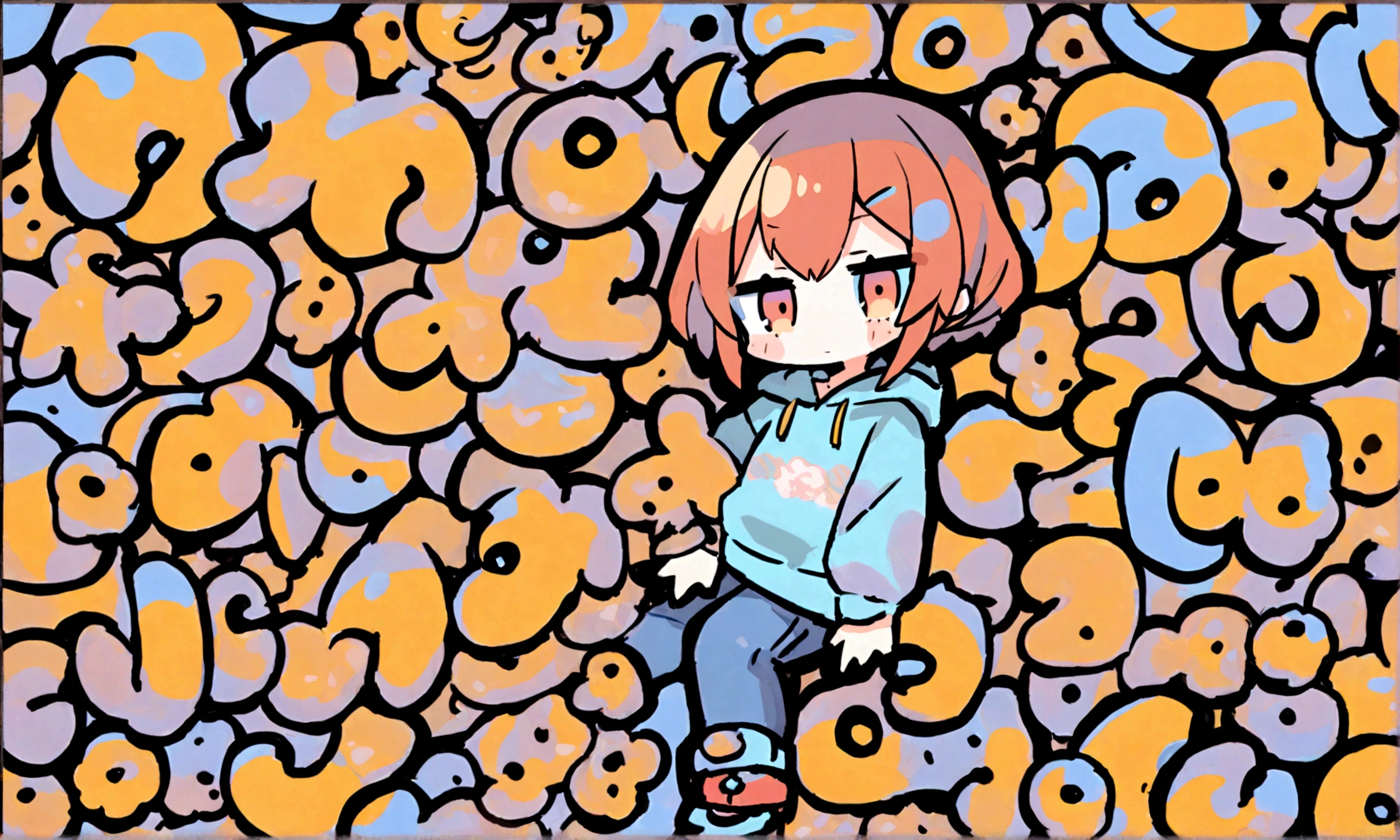 a cute chibi style female with reddish orange hair, wearing a hoodie and jeans, the words "Siimbah" in the backround
