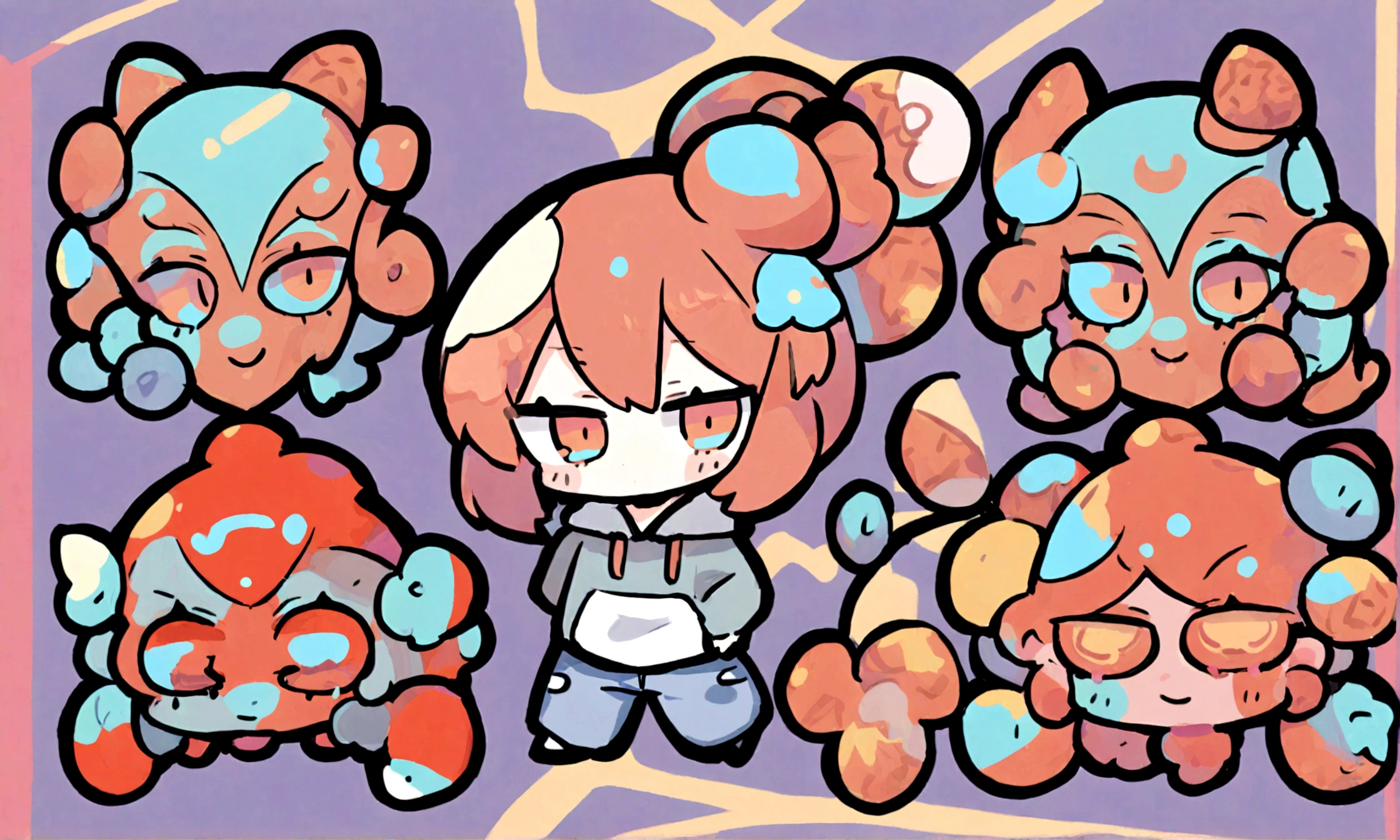 a cute chibi style female with reddish orange hair, wearing a hoodie and jeans, the words "Siimbah" in the backround