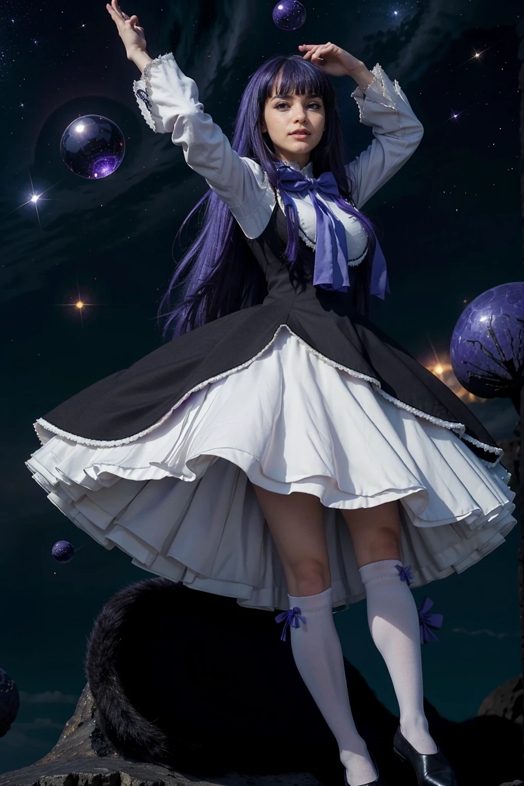 masterpiece,best quality,1girl,frederica bernkastel,purple hair,cat tail,tail bow,purple eyes,tail ornament,dress,bowtie,socks,expressionless,outstretched arms,outer space,surrounded by floating crystal,cowboy shot,