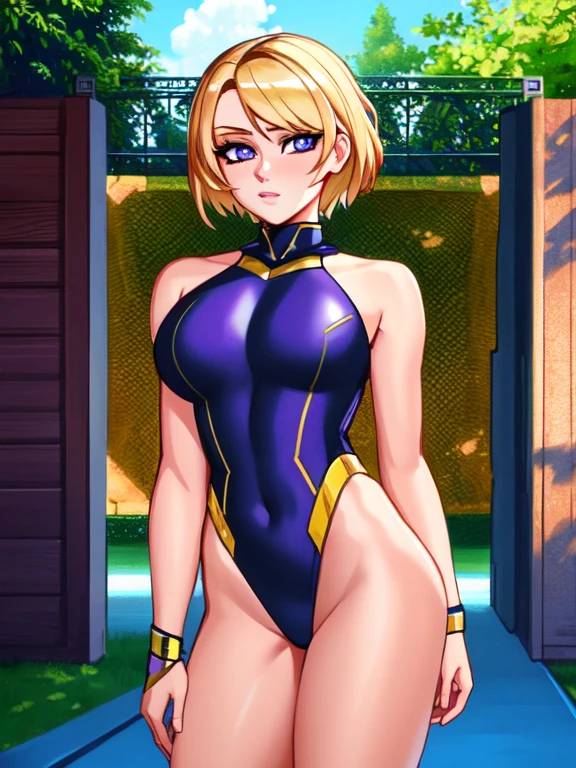((Masterpiece)), ((Best Quality)), (Detailed face:1.2), (Detailed eyes:1.2), (Detailed pupils:1.2), (Agile figure:1.2), Ultra High Resolution, HDR, absurderes, 8K, (1 girl), intricate details, ultra-detailed, dramatic lighting, solo, 1girl, 22 years old, short blonde hair, blue eyes, shiny purple leotard, she's a gymnast, gorgeous girl, gorgeous body, vivid colors, full body view, sharp focus, detailed illustration, detailed background, outdoors, depth of field, shy, feminine, professional artwork, standing up