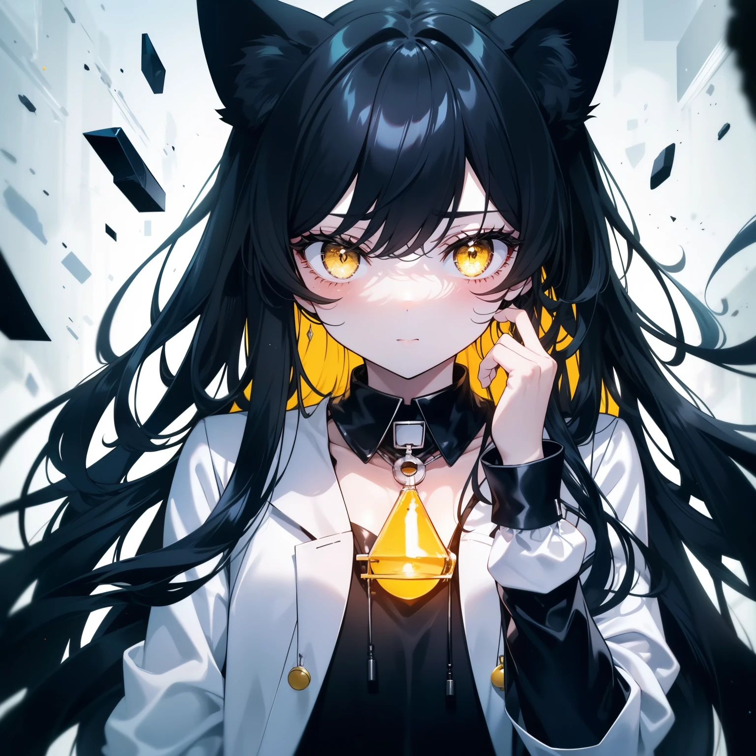 1 cat girl. Long black hair, with long bangs. Yellow cat-eyes. Bell collar on her neck. Shy. Blushing. reserved. Chemist. White lab coat with a black sweater underneath. doing experiments. blue gloves.