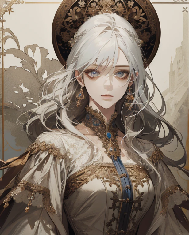 (Extremely Delicate and Beautiful:1.2), 8K ,(Masterpiece:1.0),(best_quality:1.0), 1girl, mature woman, complex details, enlarged textures, complex details, finely detailed eyes and detailed face, intricate details, white hair, (closed mouth), perfect eyes, equal eyes, (goddess), perfect body, extremely detailed