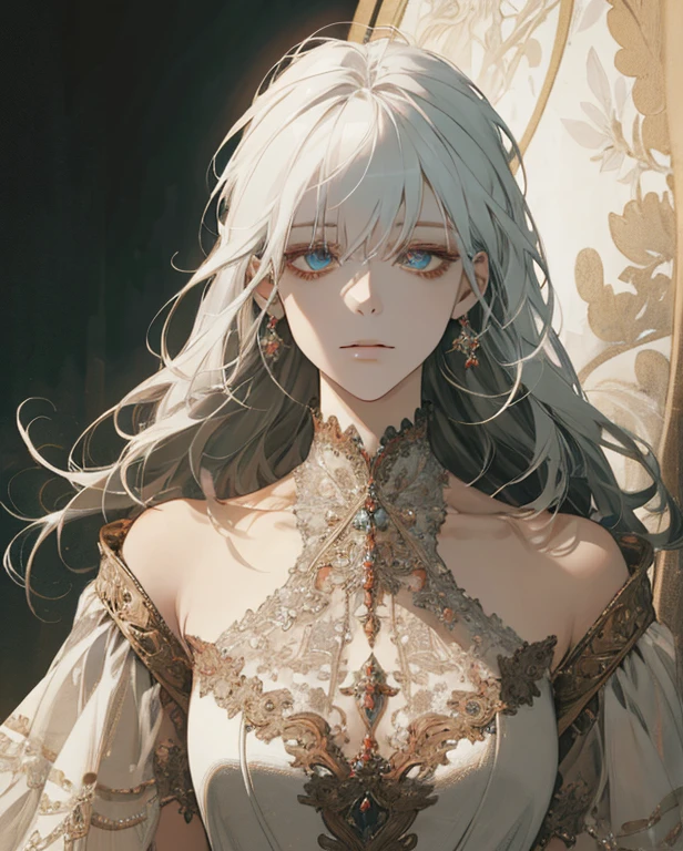 (Extremely Delicate and Beautiful:1.2), 8K ,(Masterpiece:1.0),(best_quality:1.0), 1girl, mature woman, complex details, enlarged textures, complex details, finely detailed eyes and detailed face, intricate details, white hair, (closed mouth), perfect eyes, equal eyes, (goddess), perfect body, extremely detailed