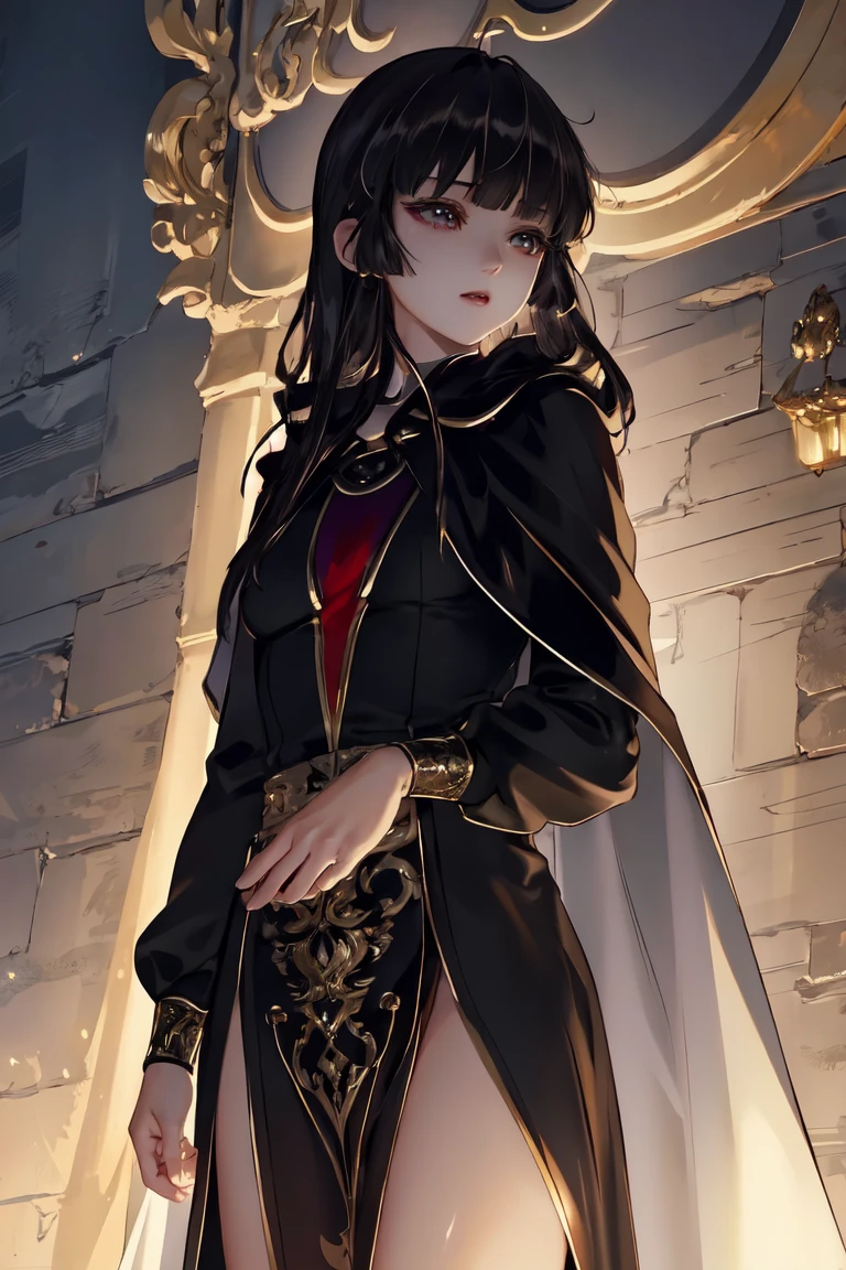 masterpiece, best quality, ultra-detailed, glistening shiny, glowing light, ray tracing, HDR, deph of field, (perfect face, detailed face), 1girl, solo, banyue, long hair, medium breasts, cape, black dress, standing, cowboy shot,