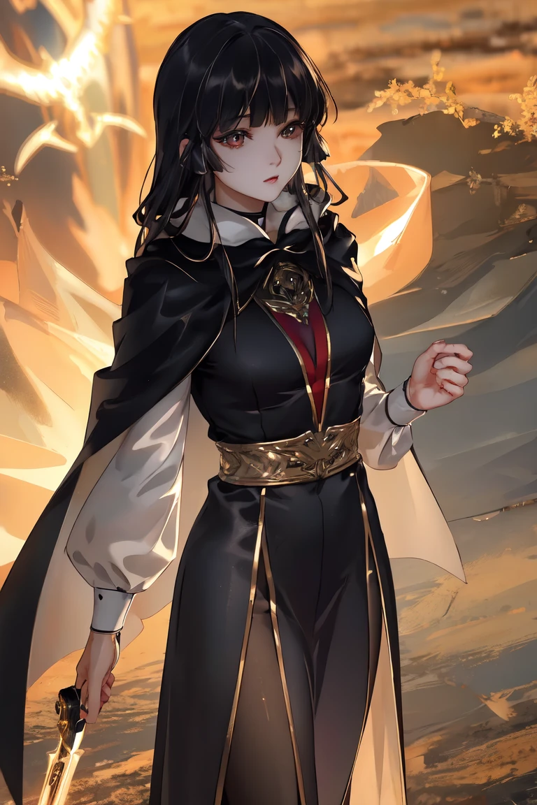 masterpiece, best quality, ultra-detailed, glistening shiny, glowing light, ray tracing, HDR, deph of field, (perfect face, detailed face), 1girl, solo, banyue, long hair, medium breasts, cape, black dress, standing, cowboy shot,