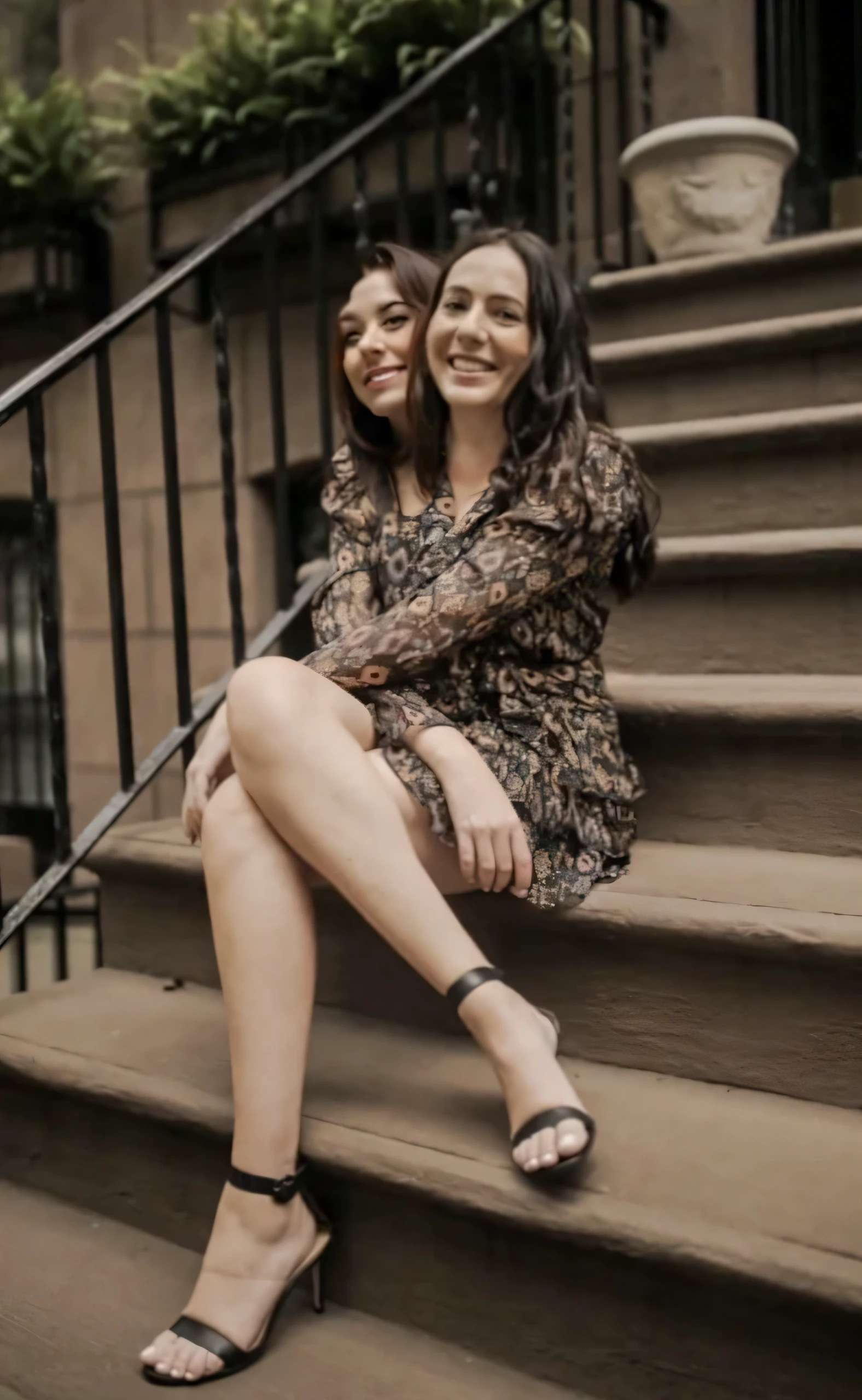2heads, two headed brunette, age 30, pretty, sitting outside on an overcast day,