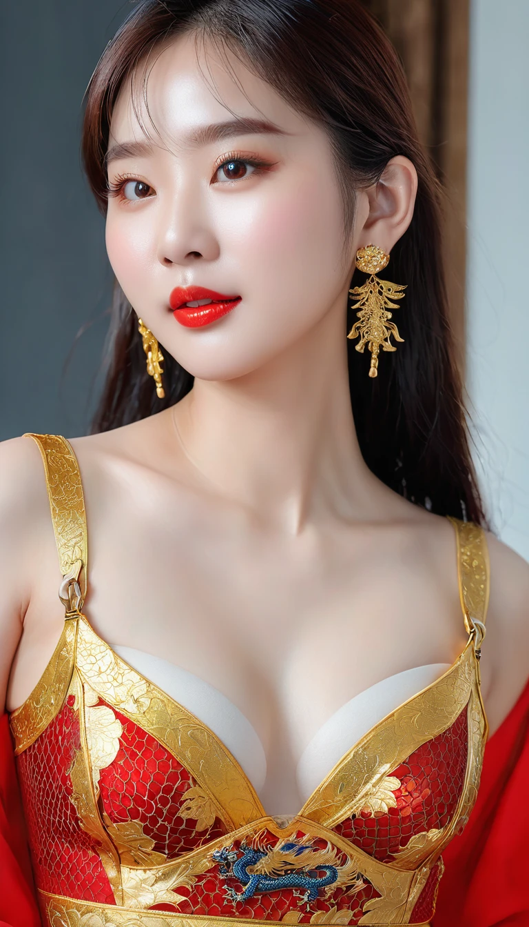 very beautiful girl; 
Age: from 18-20 years old;
skin: milk white, rosy and flawless, smooth texture, detail;
hair: yellow red, smooth, bồng bềnh dưới sunlight, detail;
eye: blue, charming, trang điểm high solution, true, long lanh, damp, siêu detail;
mí eye: delicate, Perfect Beauty, detail;
eyebrow: cong, dear, high solution, detail;
face: beautiful like a fairy, holiness, light makeup, Perfect balance, đẹp đến từng detail, tiêu điểm cực kỳ high solution;
nose: xinh, lovely, cao, detail;
cheekbone: prominent, detail;
lip: charming, (bright red lipstick), son bóng lovely, detail;
răng: Beaming smile, Lily-white, detail;
body: full of life, Tighten clothes;
accessory: chain, earring, bracelet, belt;
ngực: big and plump, Raised nipples, Deep chest slit, toning, bó chặt với Bra, damp, detail;
butt: develop, vừa khít underwear;
Bra: mesh fabric, metal thread, shiny;
underwear: colorful, bó sát body, bright red;
Image quality: masterpiece, Highest quality, non-NSFW, 8K CG HD, high solution, Super nice graphics, professional, detail, colourful, ultrafine, advanced techniques, RAW true;
light: complex color combinations, black gold rays;
sunlight: twinkle, illuminate the girl&#39;s body;
Wallpaper: Ancient Asian battlefield, feudalism;
((girl wearing golden armor, Ornately decorated dragon scales; đeo đôi bốt vàng dài có trang trí lạ eye; chain, Solid gold necklaces and jewelry; đeo earring vàng lớn)); 
((ảnh cận cảnh face cô gái đứng trên chiến thuyền oai vệ, luxurious; Hand holding an ancient spear, big and long, mystical, conquer the ocean));