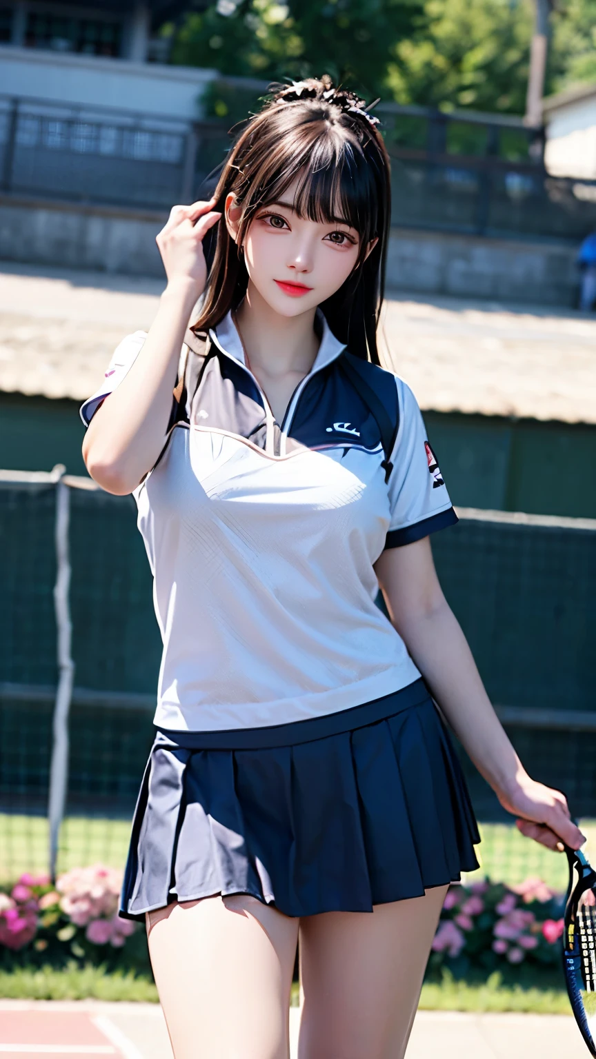 (Very delicate and beautiful:1.2)super model,,Big Breasts,Beautiful breasts,voluptuous,【bike shorts】,,【3girls】,,highest quality, High resolution, 8K,Kick in a hurry,Tennis Wear.mini skirt