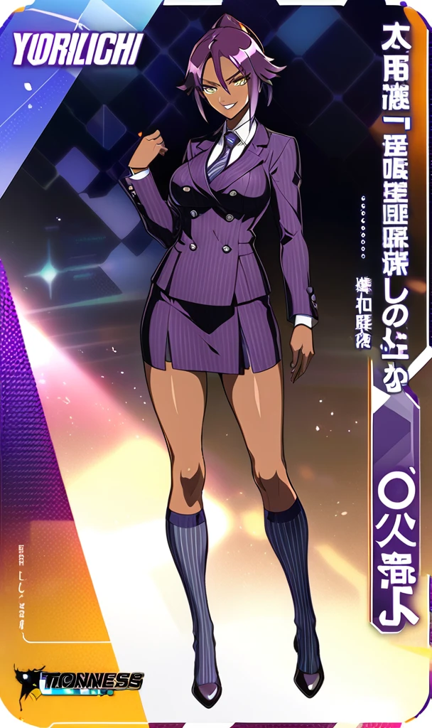 Full body Yoruichi as a thin Black business woman in a double breasted pinstripe purple skirt suit while wearing a tie with a long purple pinstripe skirt and with purple knee socks full art