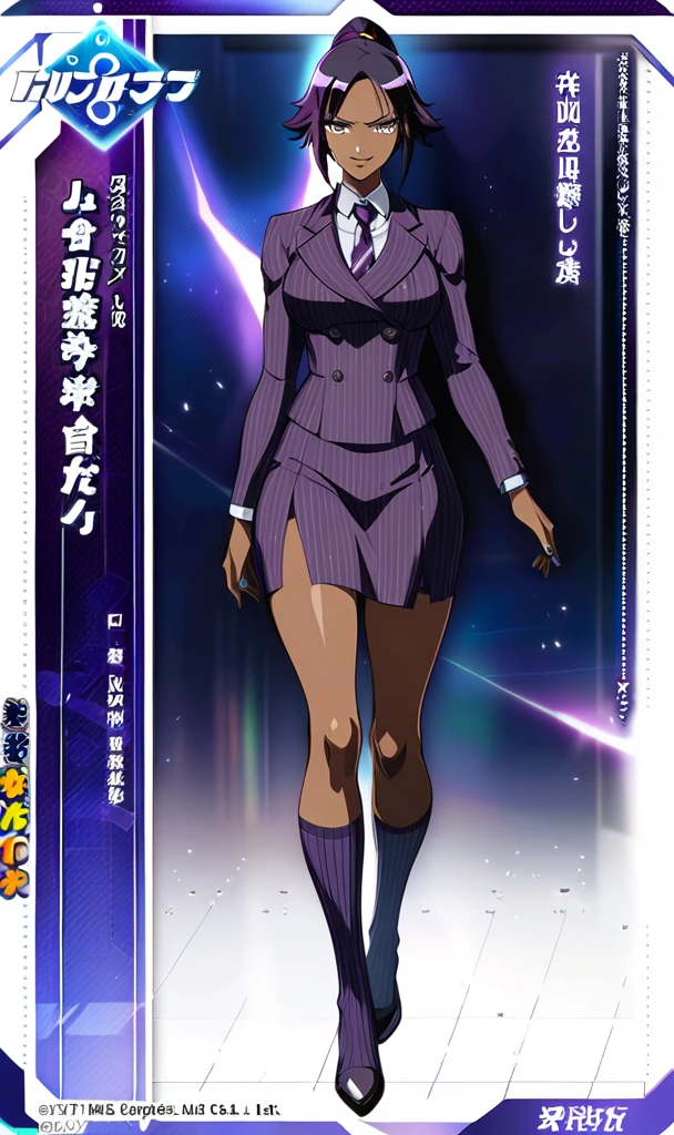 Full body Yoruichi as a thin Black business woman in a double breasted pinstripe purple skirt suit while wearing a tie with a long purple pinstripe skirt and with purple knee socks full art