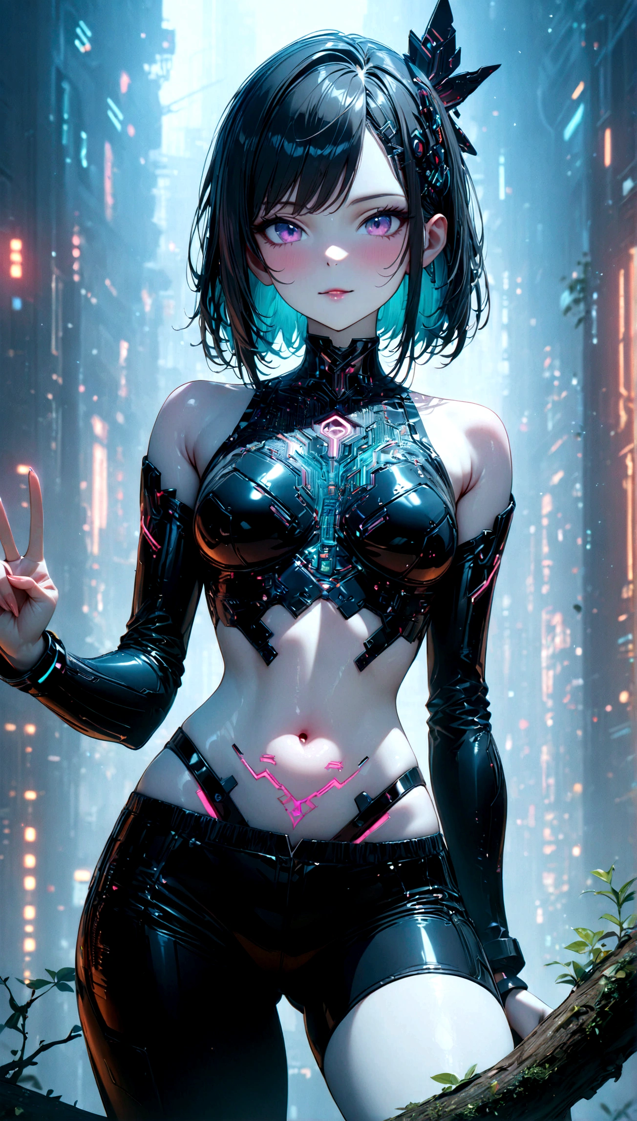 beautiful Cybernetics girl, Futuristic Hair accessories, (Delicate skin), Pale skin, black crop top made of circuit boards, Navel tattoo, sexy Futuristic cyberpunk underpants, on branch, v, Japanese words with glitter effect, cyberpunk background,Sensual, is attractive, (masterpiece:1.3), (best quality:1.3), (ultra detailed:1.3), 8k, extremely clear