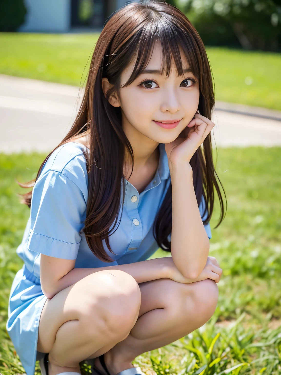 (Best-quality, Masterpiece, Ultra-High-Resolution, (Photorealistic:1.4), Raw Photo, depth of field, professional lighting, perfect anatomy, extremely details), ((front-view, from-below)), 1girl, 15-years-old, the most famous Japanese idol, Sunny day, afternoon, In summer park, (squatting on grass), ((wearing casual-dress with cute-design), (luxurious-panties:0.7)), (extremely cute face like the most popular Japanese idol, (extremely cute and extremely big eyes), extremely beautiful realistic-skins), extremely beautiful hair, extremely cute long-eyelashes, extremely cute lips, extremely beautiful inner-thighs, extremely beautiful knees, looking at viewer, innocent smile