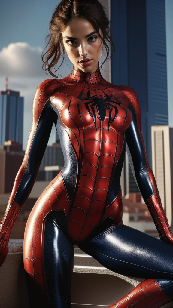 (Spider-Man shiny costume),((legs spread)), legs spread:1.4, cameltoe:1.4, (((shiny latex suit))), ((Emily Willis)), (((exposed breasts, show nipples))), costume dissolving1.2, bright eyes, ((costume is disappearing from her chest to her vagina)), smile, cameltoe:1.5Beautiful woman detailed defined body, ((spider man cosplay)), small breasts, ((breasts popping out)), thigh gap, (exposed midriff) unzipped, auburn hair, narrow waist, wide hips ((bare chest)), (show nipples) (((location is detailed city rooftop))), time of day is night, the costume is removing ((her bare breasts are exposed)), visible nipples, (toned body)