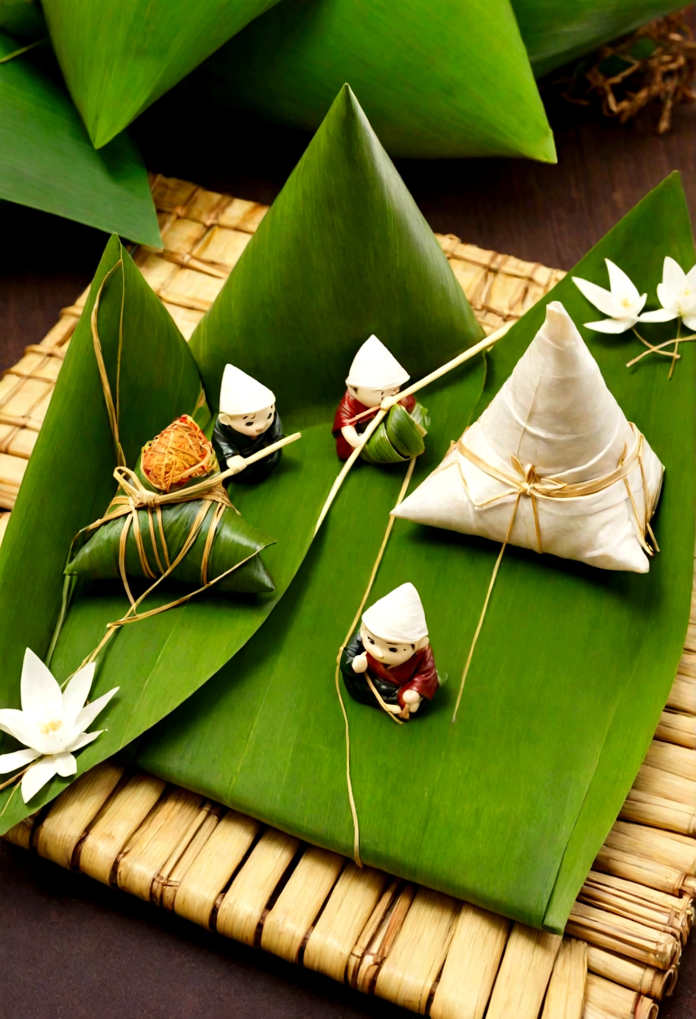 A miniature scene,,A group of miniature people,On a bamboo boat,Wrap giant zongzi with bamboo leaves,Incredibly creative,Tatsuya Tanaka style