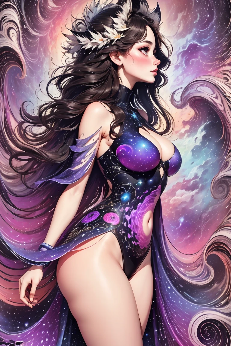 A beautiful girl in a sprawling galactic fractal landscape, her upper body visible in profile gazing out at the viewer, surrounded by swirling clouds, liquid, and a starry night sky. Intricate tarot card patterns, glowing ethereal elements, and vibrant, richly detailed colors throughout. (best quality,4k,8k,highres,masterpiece:1.2),(1 girl in:1.3),(fractal art:1.3),torso,profile view,looking at viewer,pattern,water,galaxy:1.37,liquid,clouds,highly colorful,stars,starry night,tarot,ethereal,lipstick,rosy complexion,heterochromia,dream:1.37