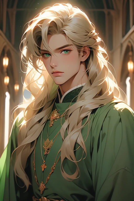 handsome masculine man, green eyes, ash blond hair, shoulder length long hair, green medieval noble clothes, light skin